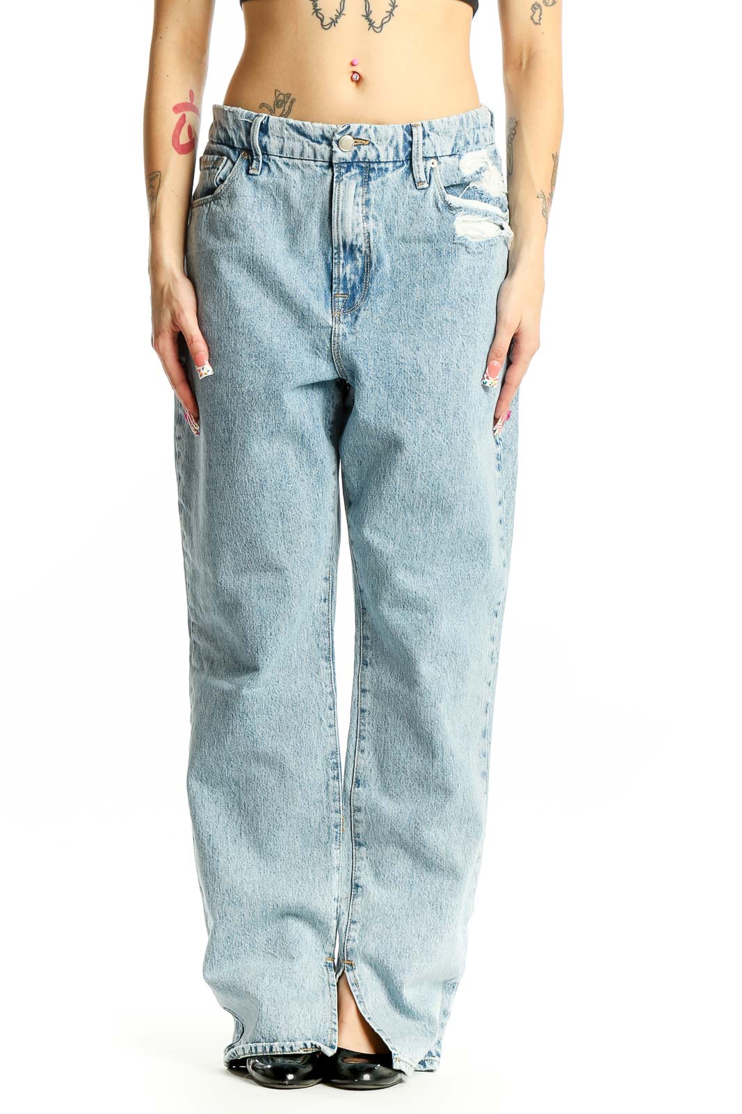 Light Blue Distressed Wide-Leg Denim Jeans Front