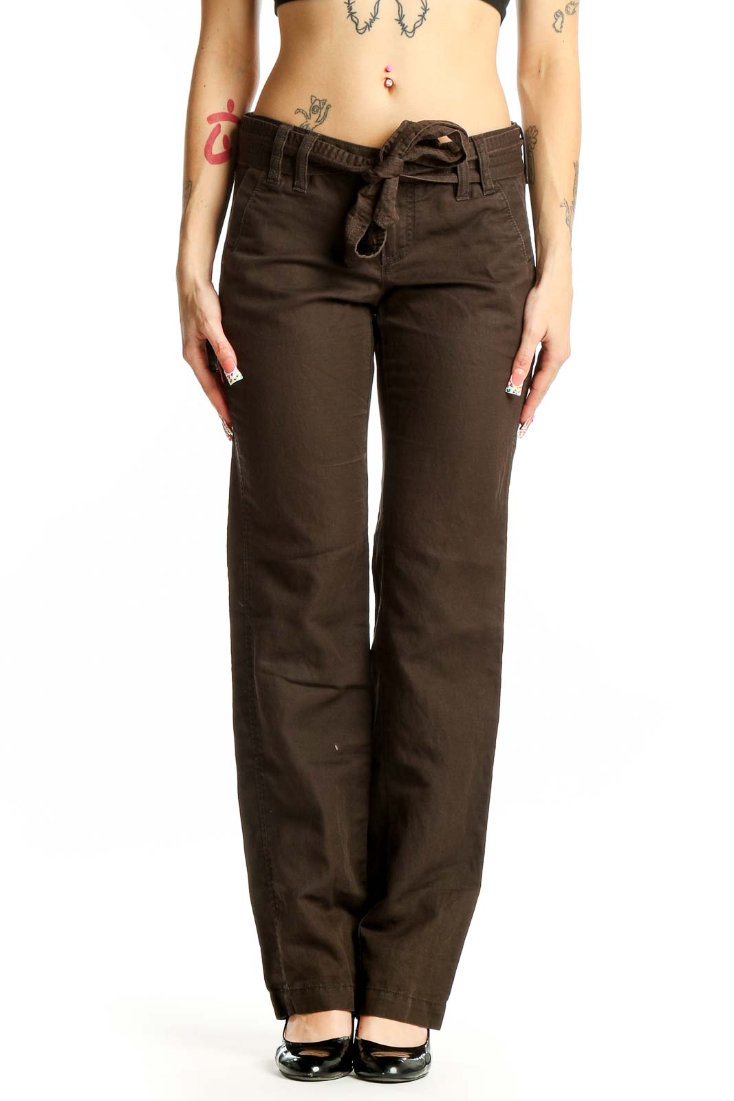Brown Cotton-Linen Blend Belted Pants Front