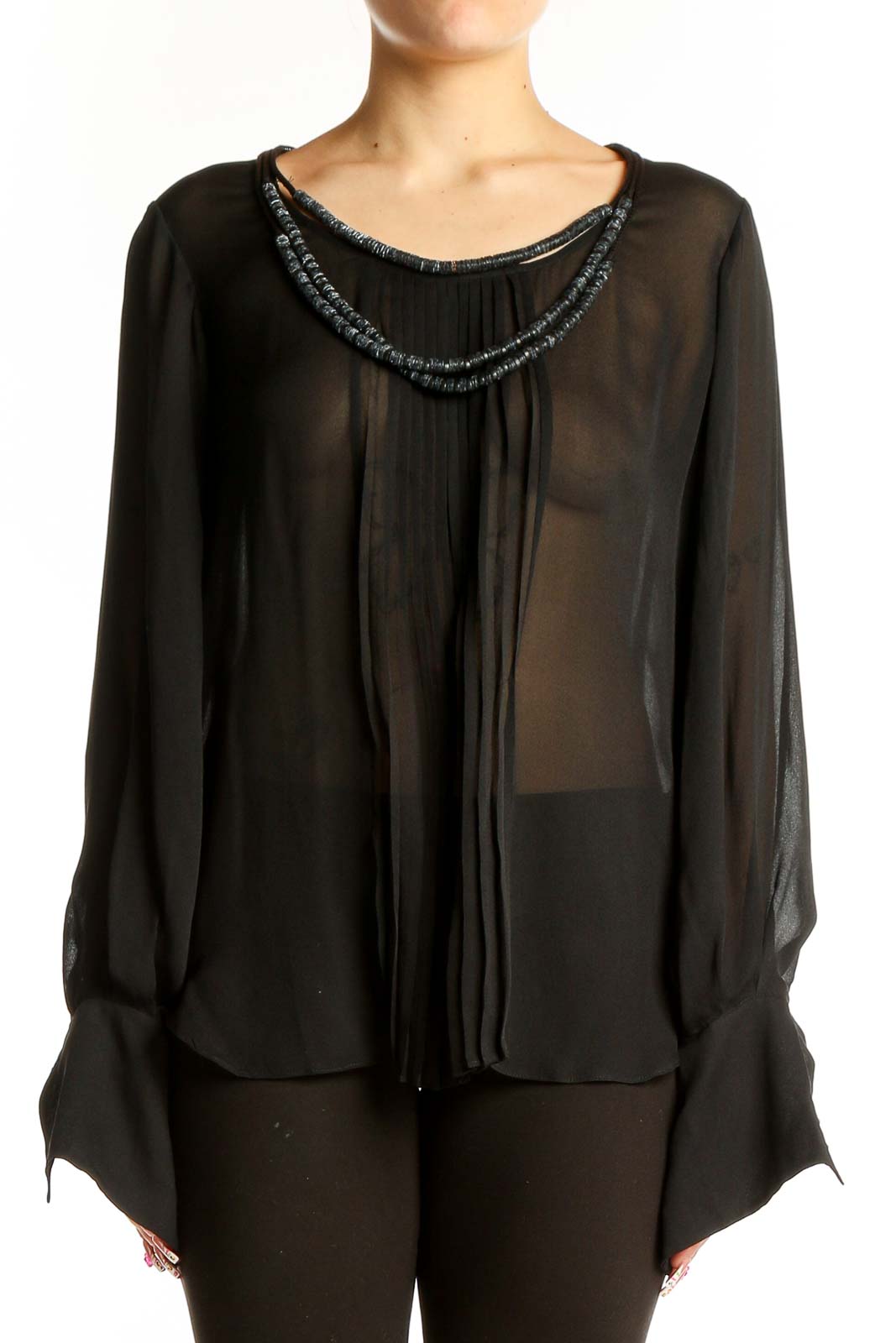 Black Sheer Silk Blouse with Beaded Neckline Front
