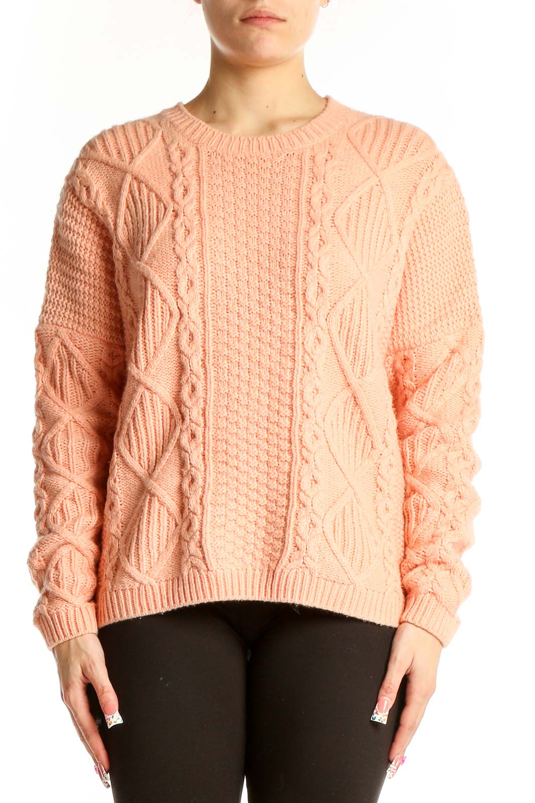 Peach Cable Knit Crew Neck Sweater Front