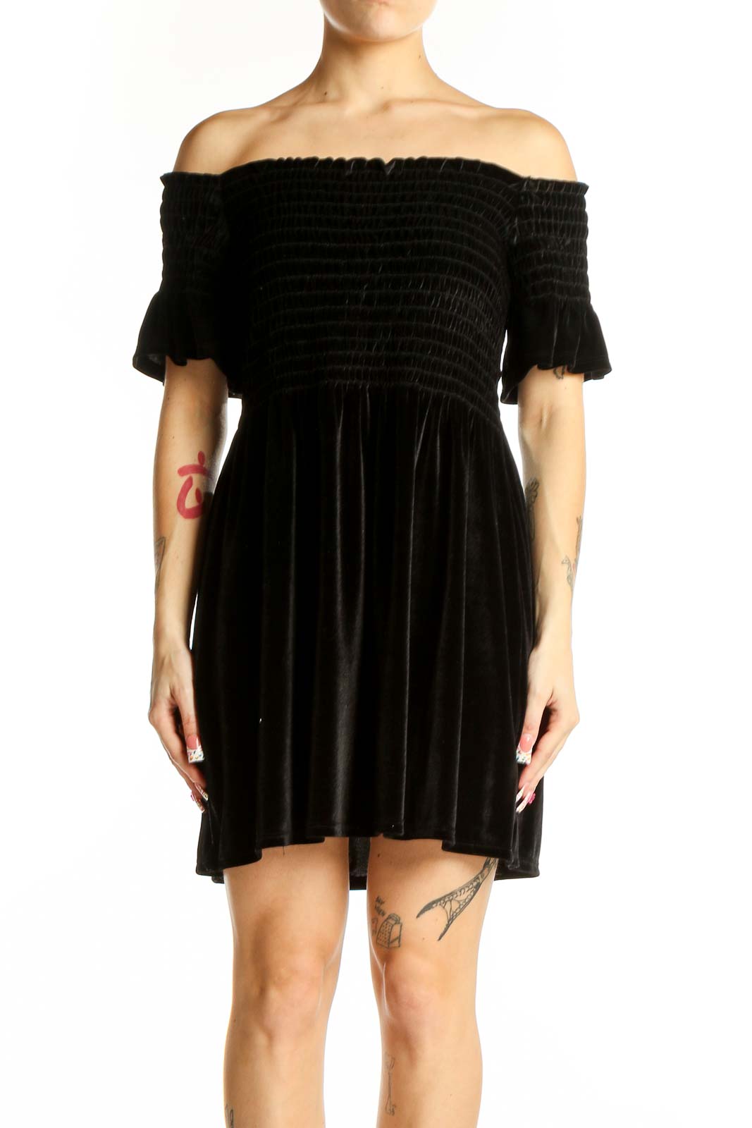 Black Velvet Off-Shoulder Mini Dress Front