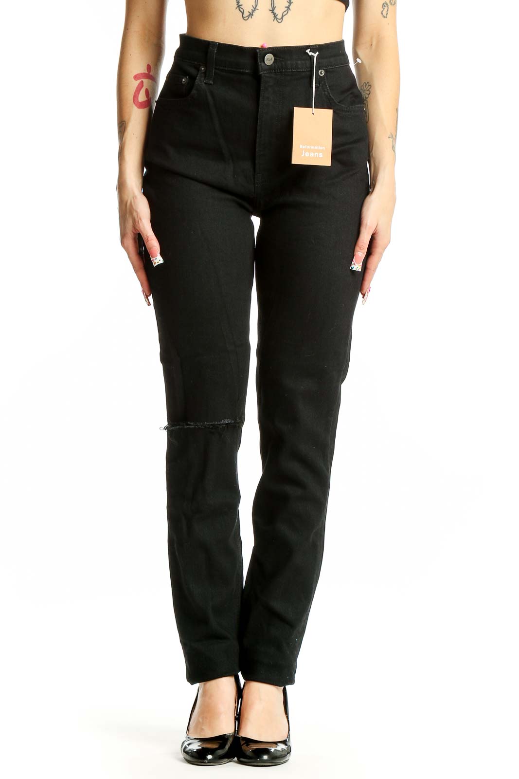 Black High-Waisted Straight Leg Jeans Front