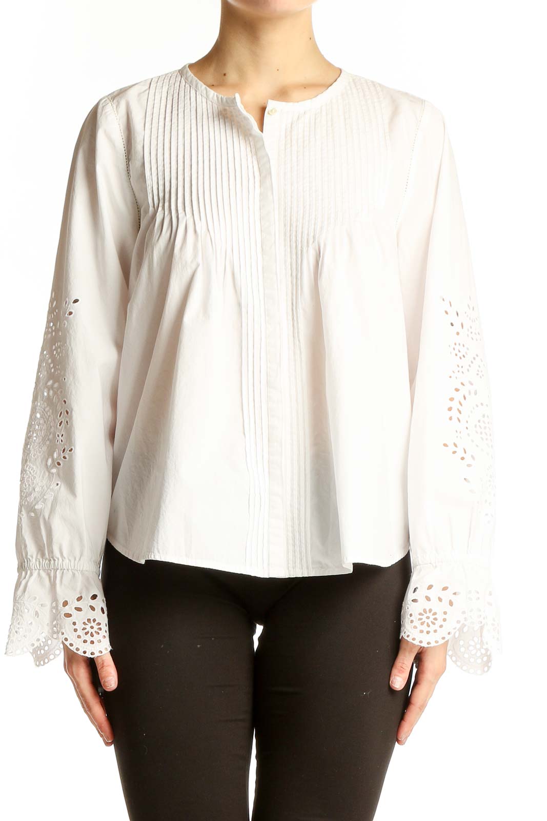 White Cotton Eyelet Sleeve Blouse Front