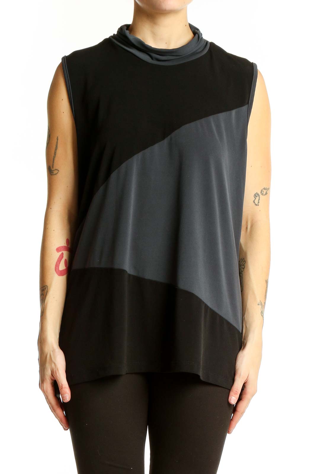 Black and Gray Color Block Sleeveless Top Front