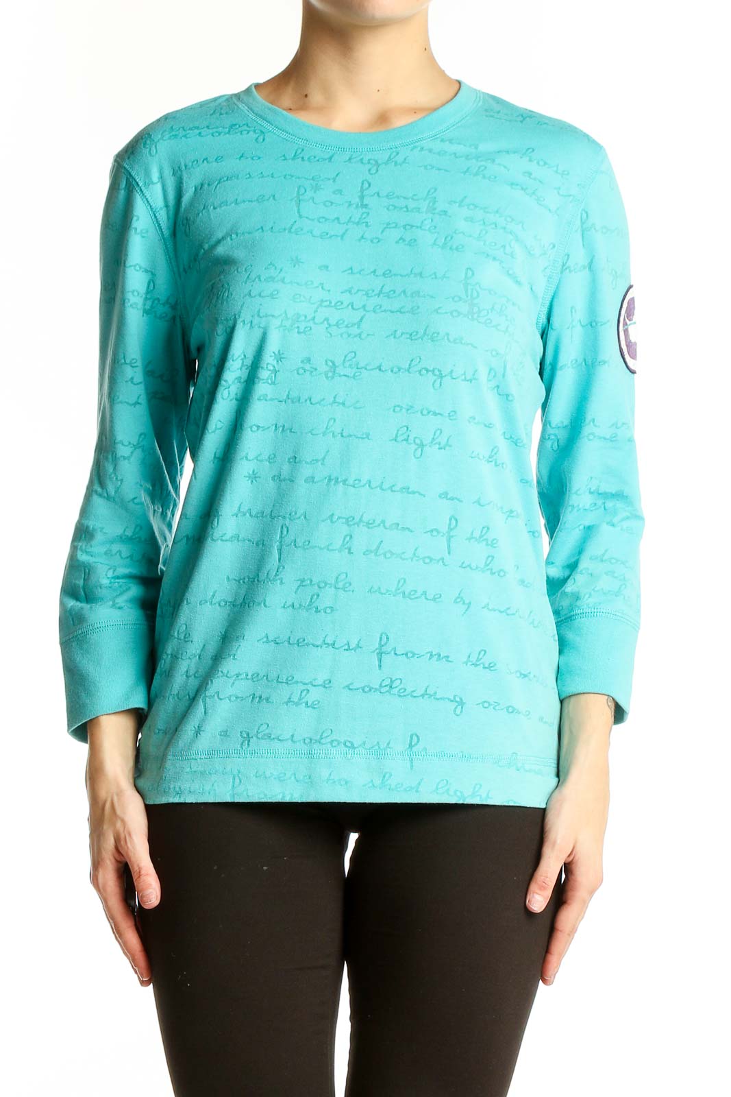Teal Textured Long Sleeve Cotton Top Front