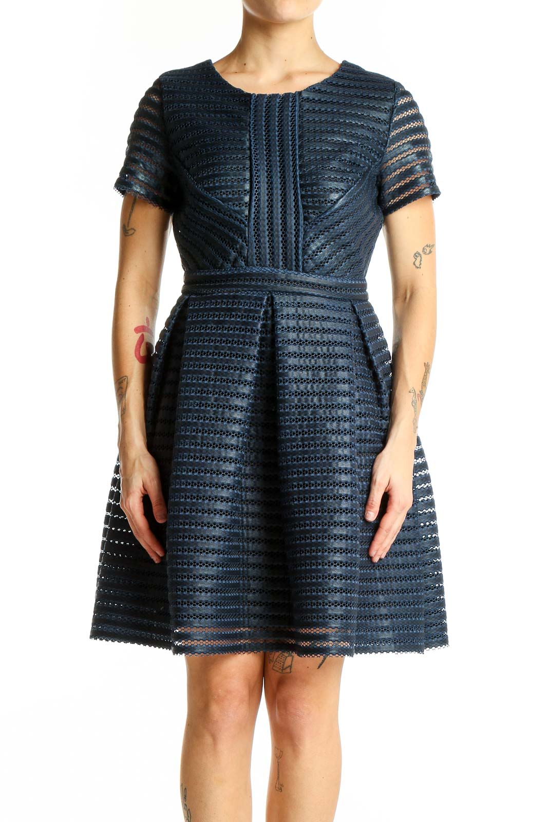 Navy Textured Fit-and-Flare Dress Front