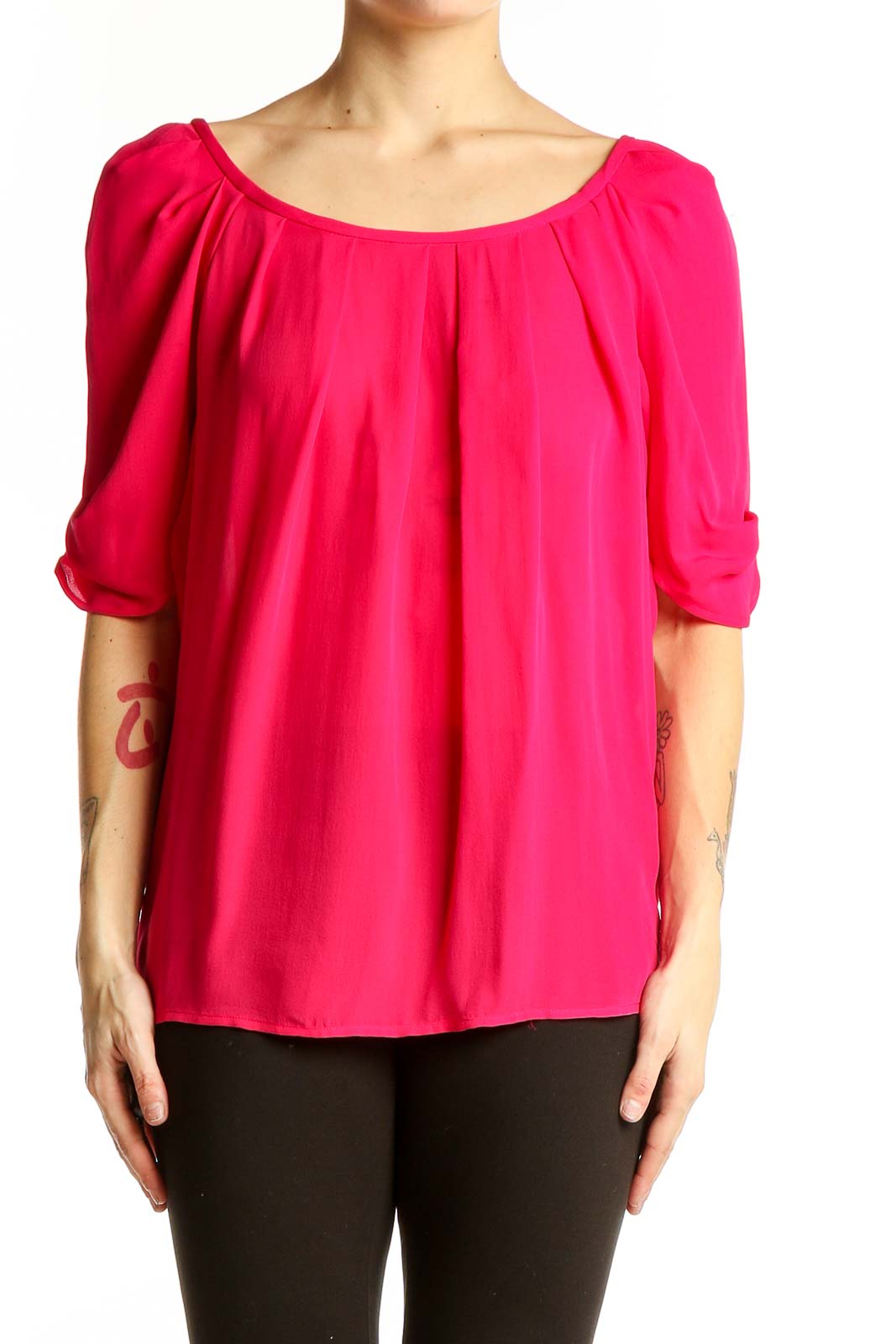 Hot Pink Silk Scoop Neck Blouse Front