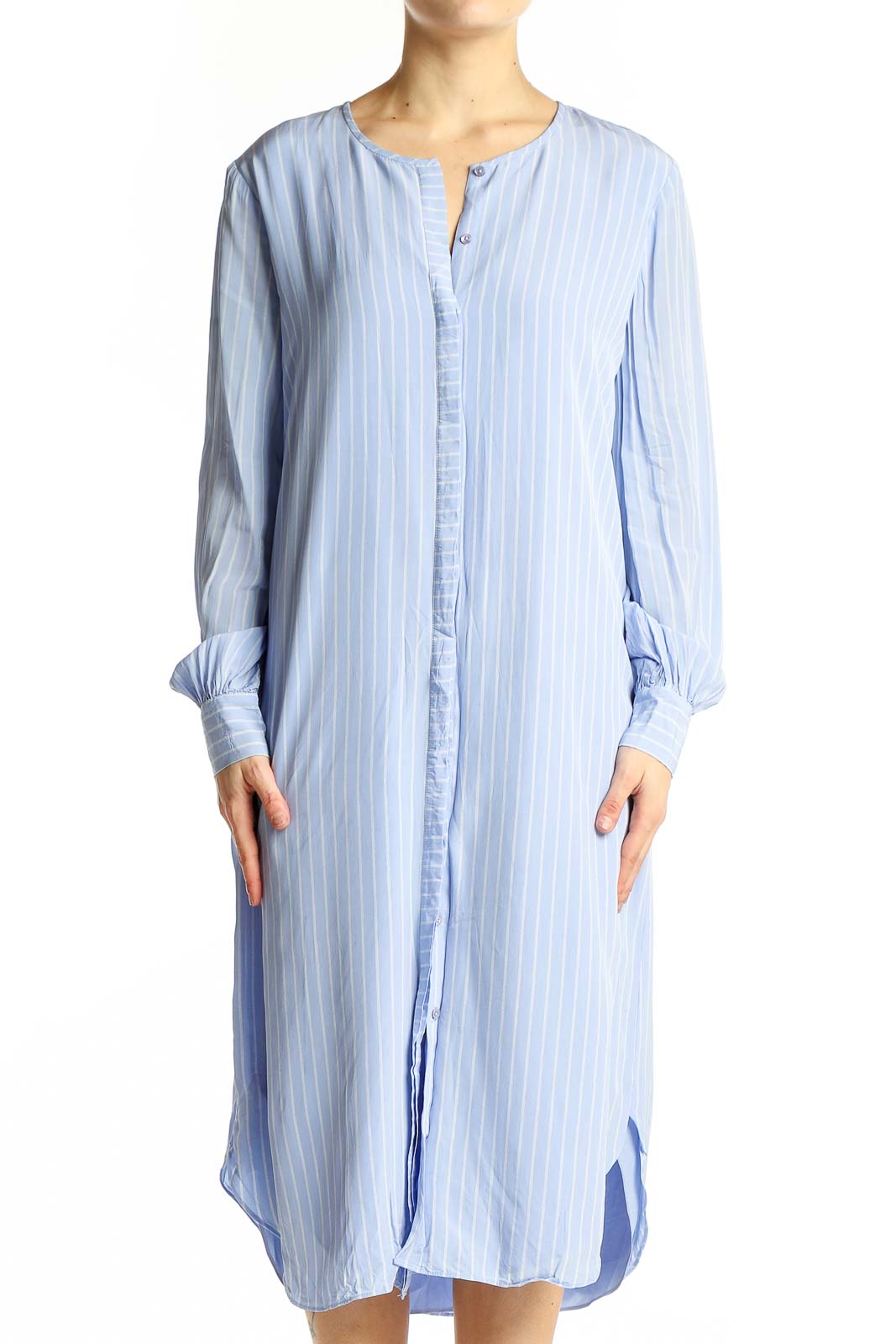 Light Blue Striped Button-Down Shirt Dress Front