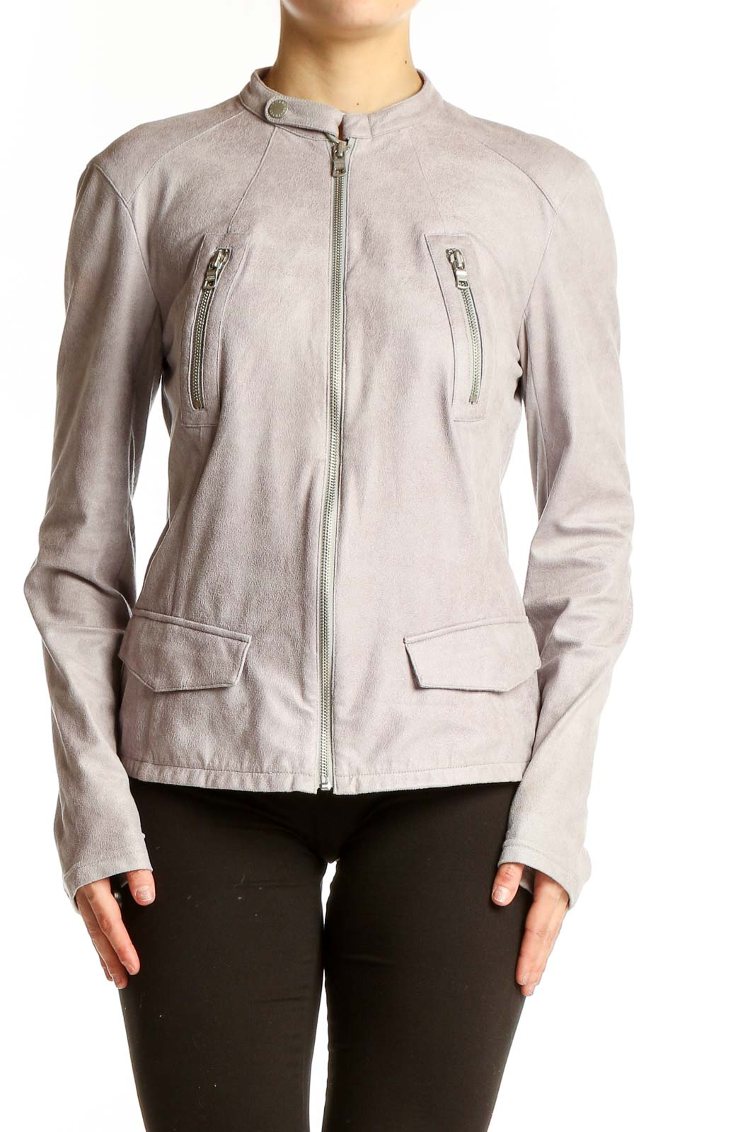 Light Gray Suede Moto Jacket Front