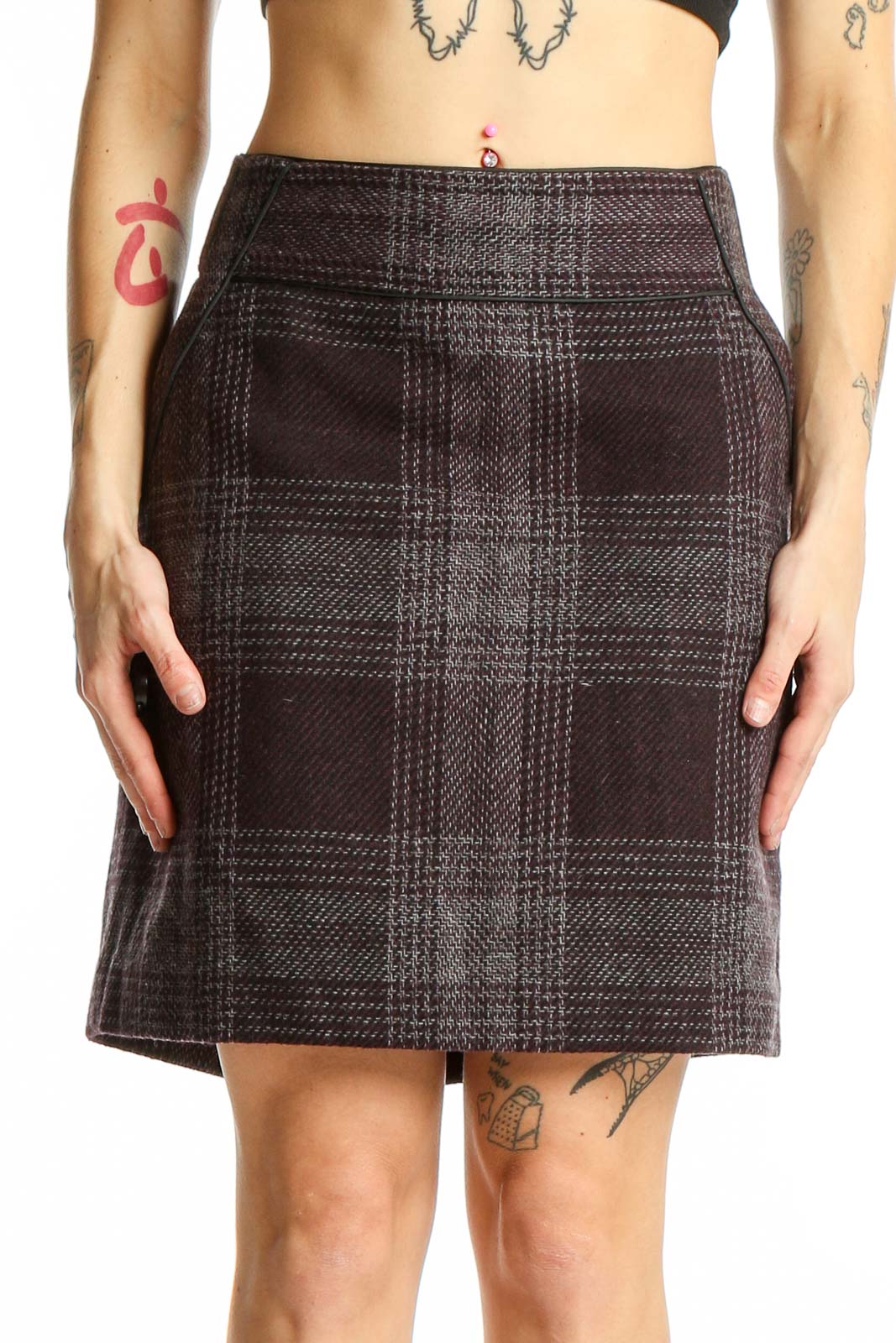 Brown Plaid Wool Blend Mini Skirt Front