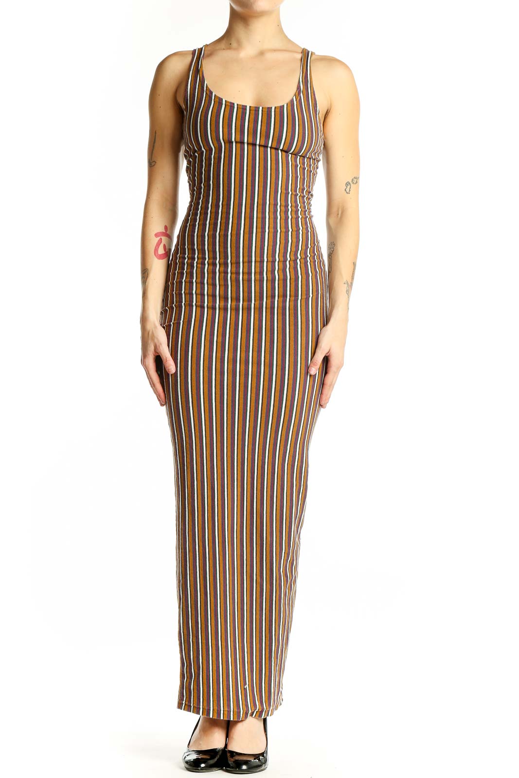 Brown Striped Maxi Dress Front