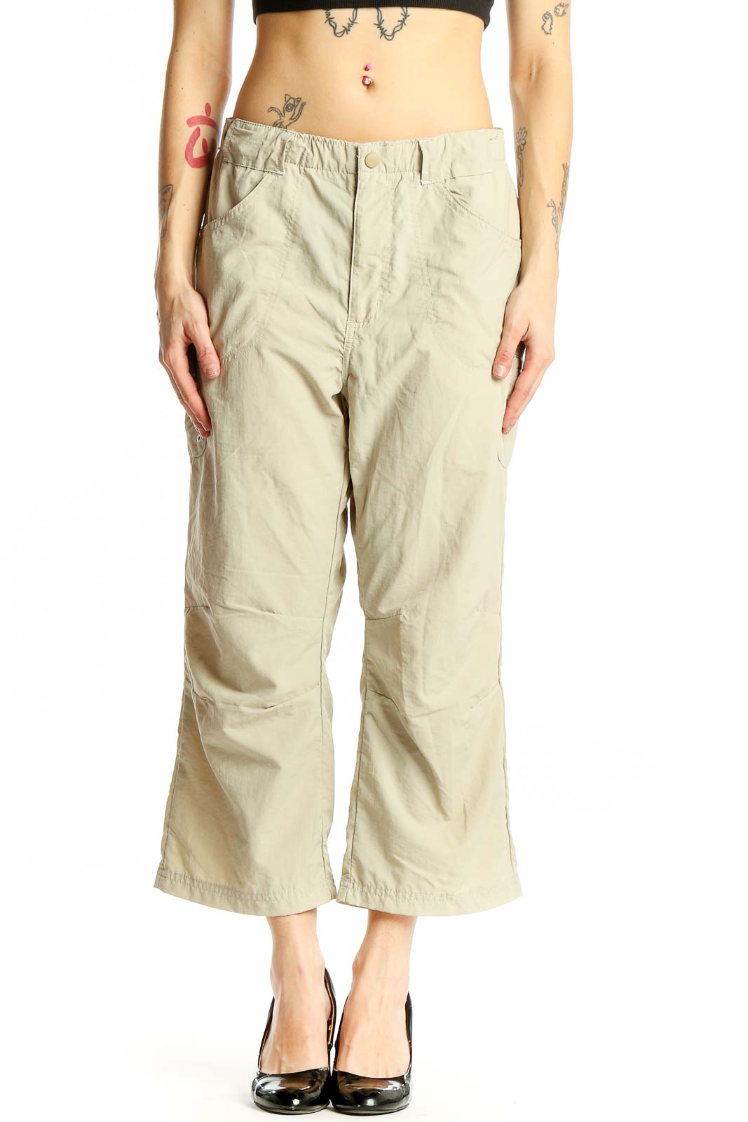 Beige Nylon Cropped Cargo Pants Front