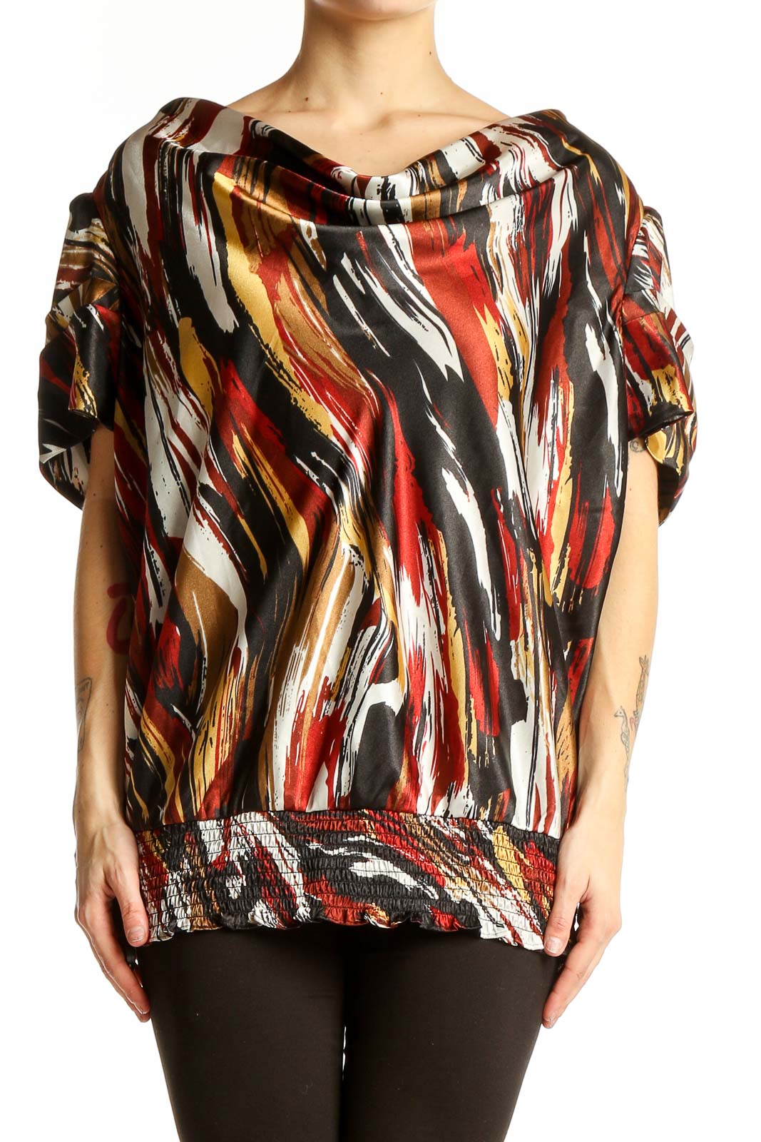 Multicolor Abstract Print Cowl Neck Top Front