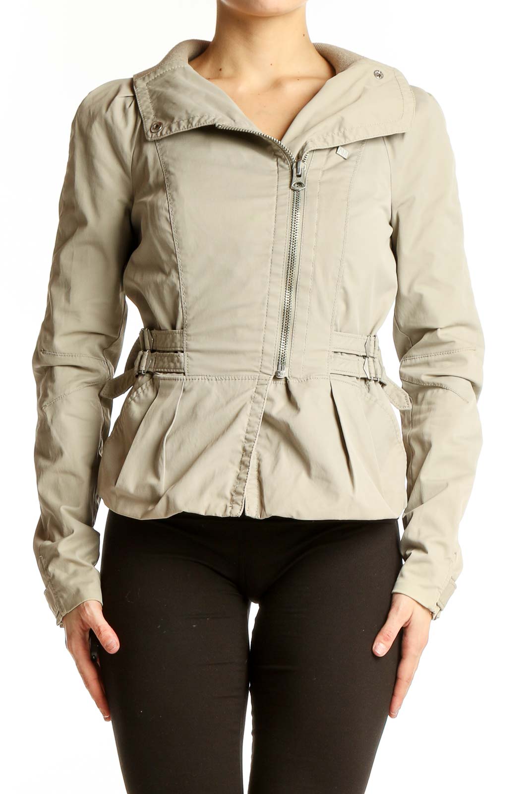 Beige Zip-Up Peplum Jacket Front