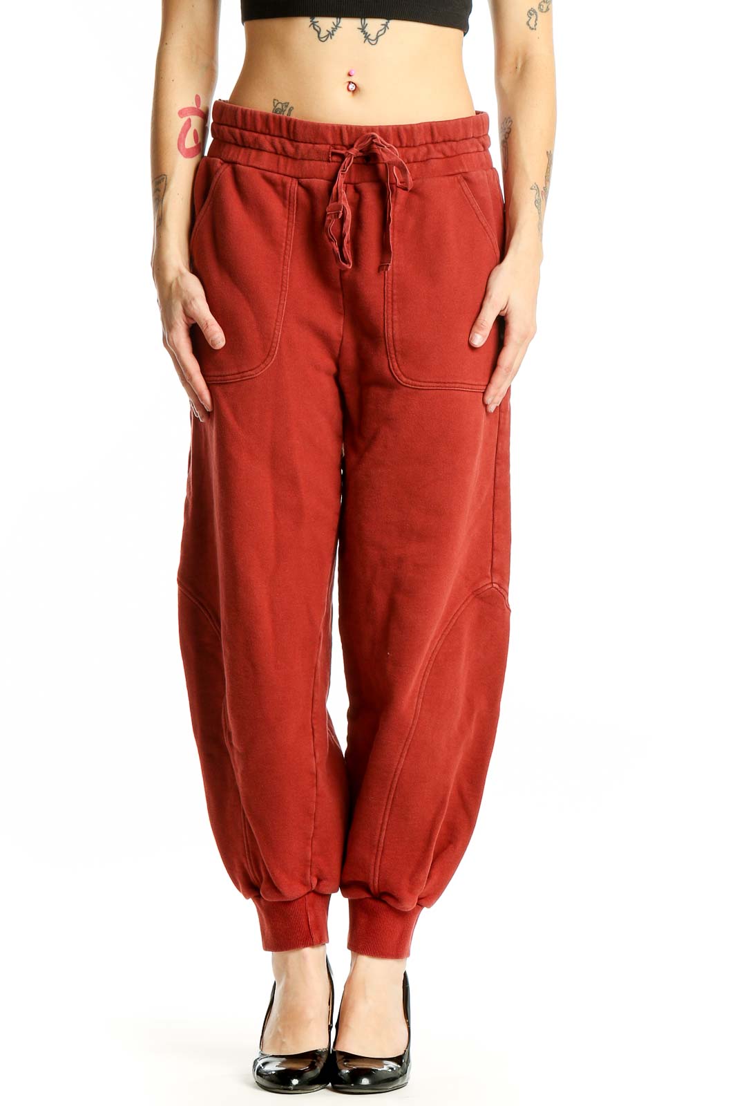 Red Cotton Jogger Pants Front