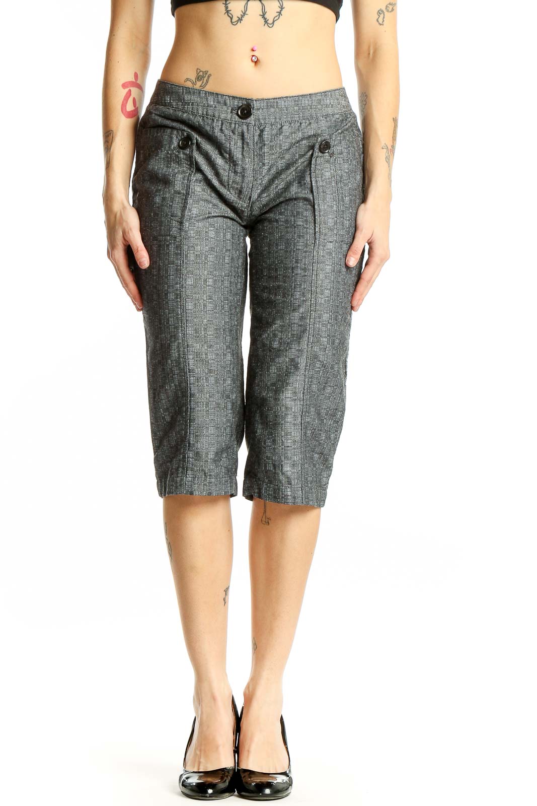 Gray Pinstriped Cotton-Blend Capri Pants Front