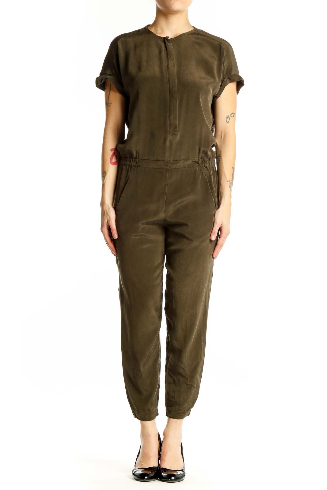 Olive Green Casual Jumpsuit Front