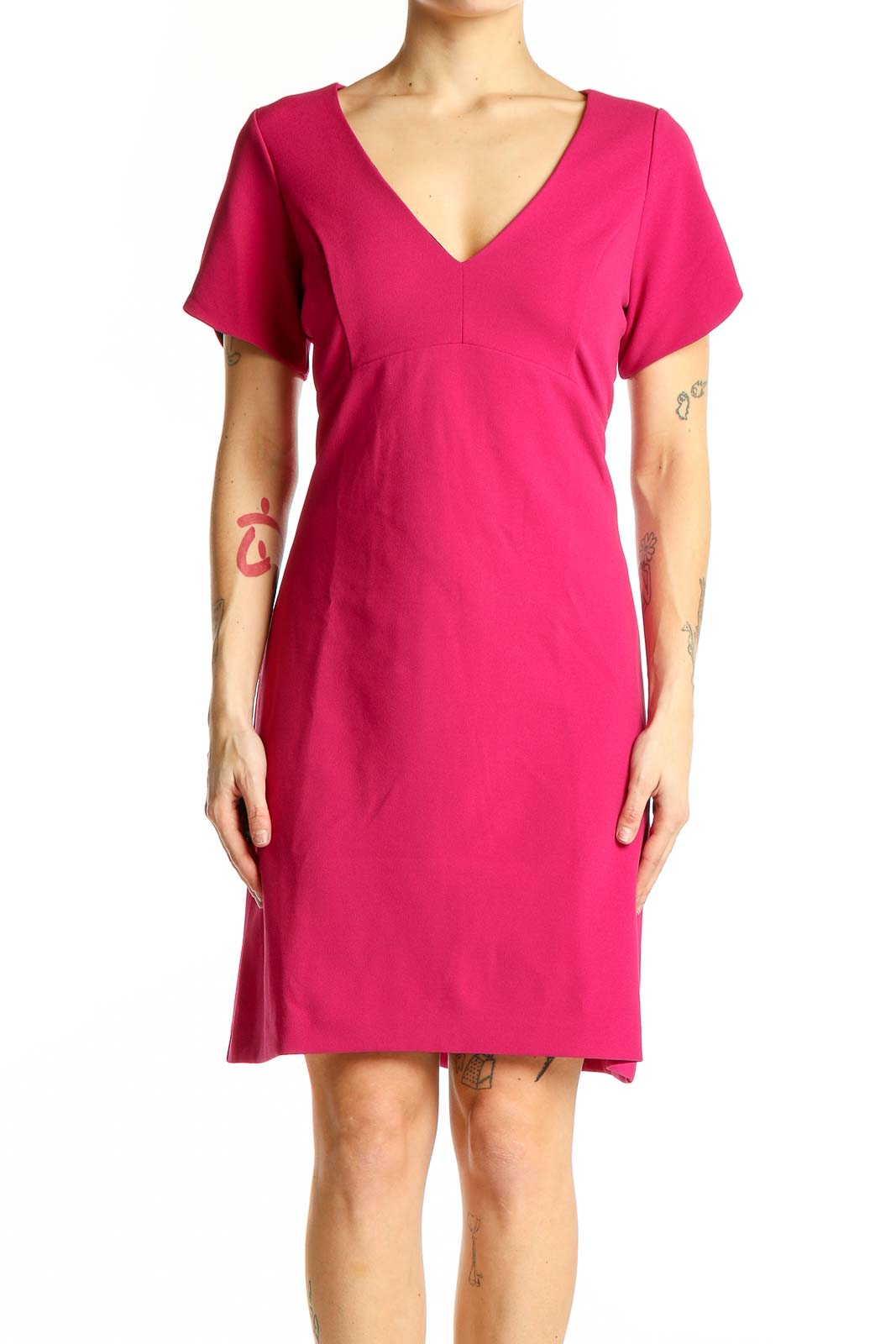 Hot Pink V-Neck Short Sleeve Dress Front