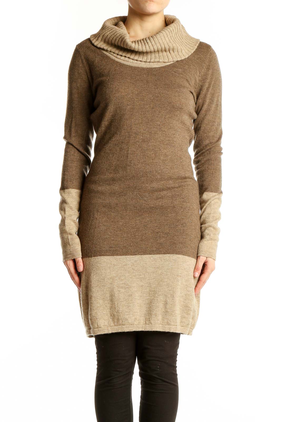 Brown Merino Wool Cowl Neck Sweater Dress Front