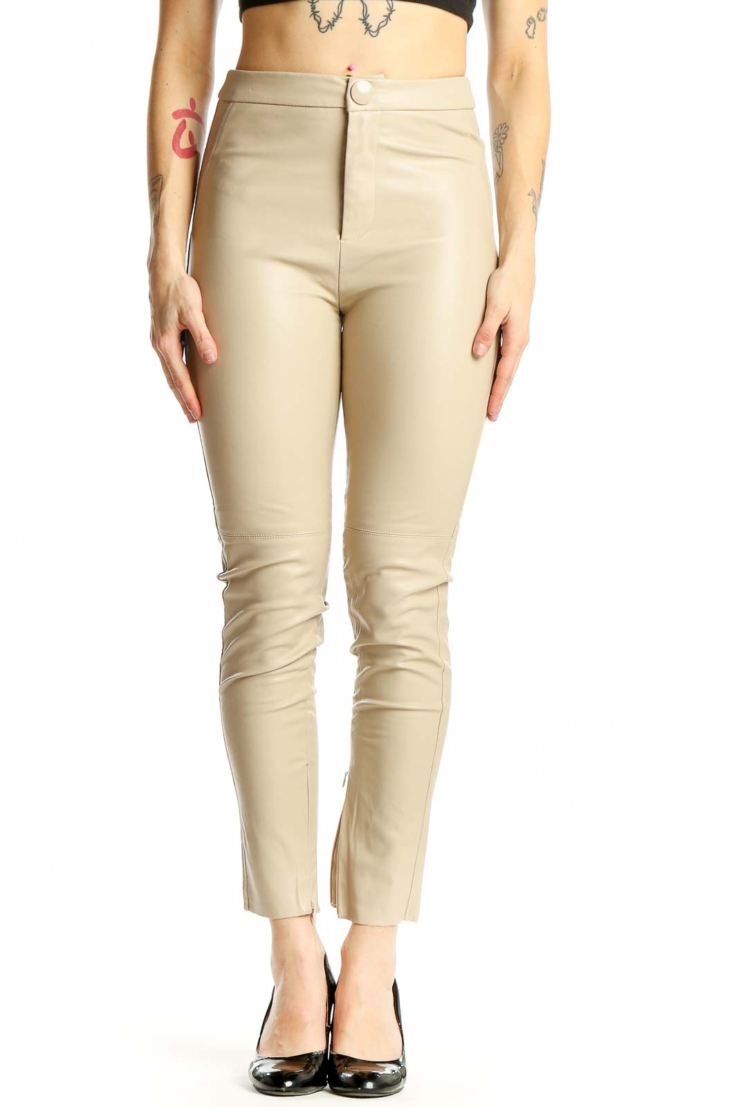 Beige High-Waisted Slim Fit Trousers Front