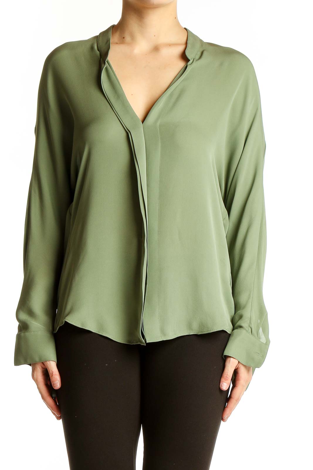 Sage Silk V-Neck Blouse Front