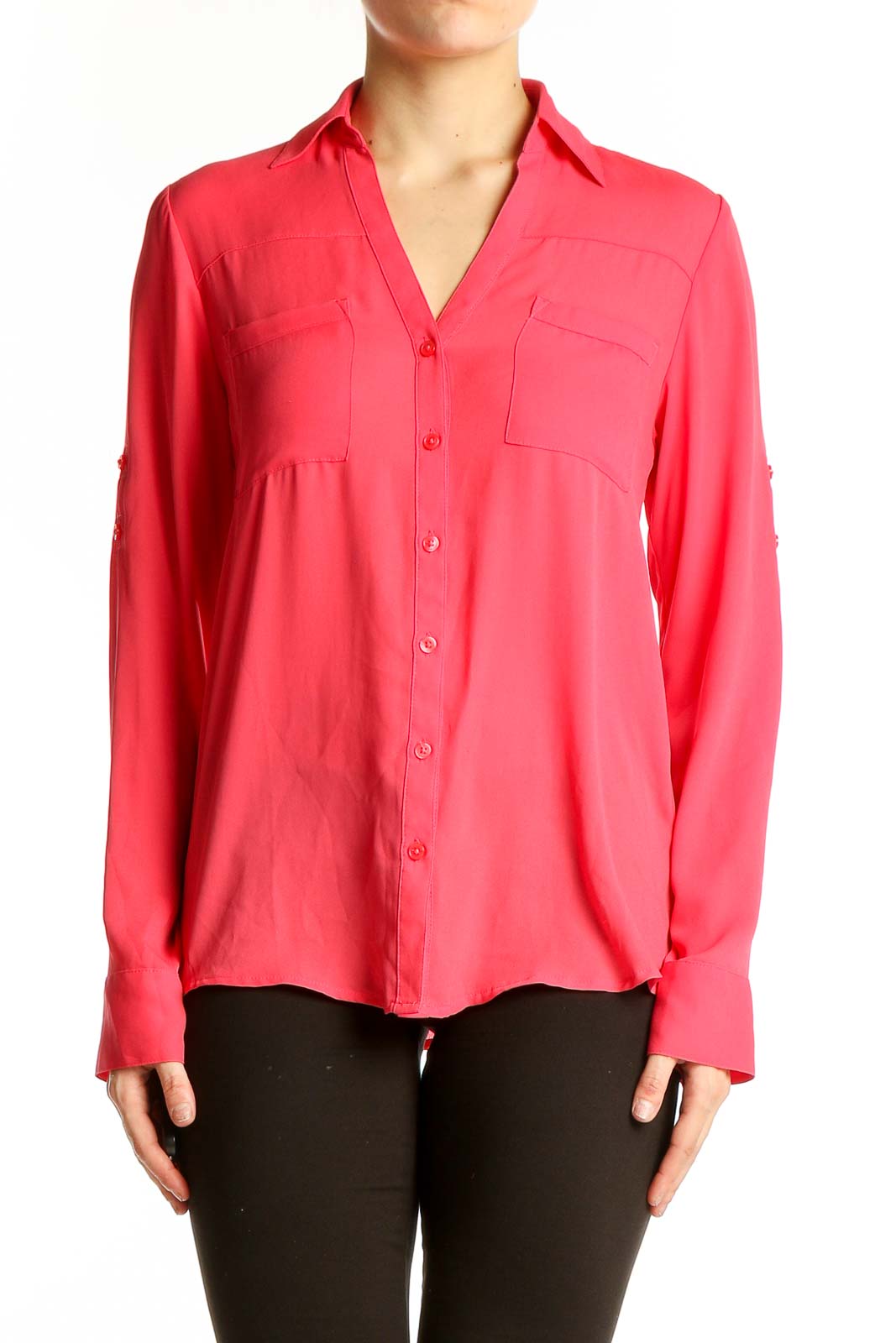 Coral Button-Down Long Sleeve Blouse Front