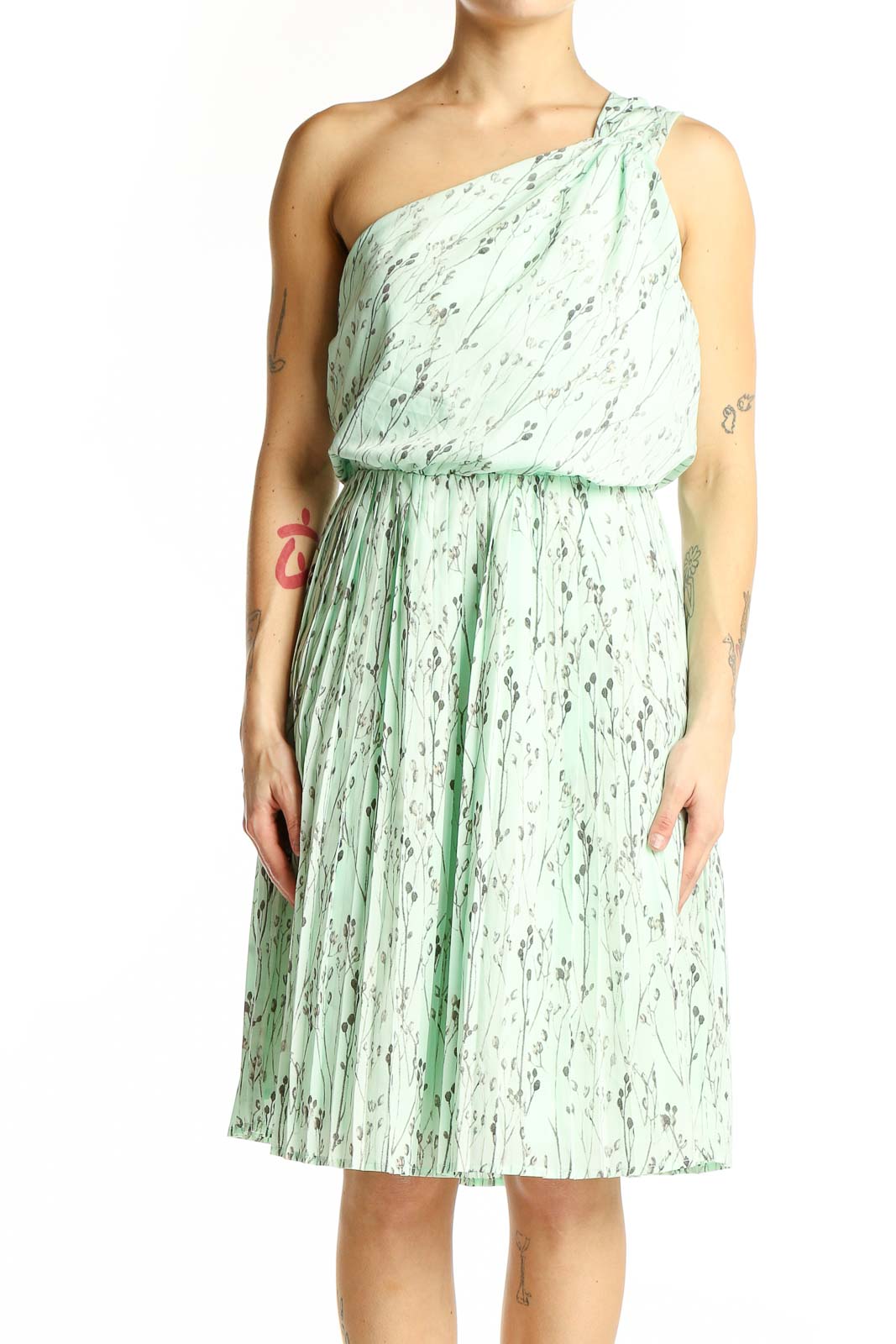 Mint Green Marbled One-Shoulder Pleated Dress Front
