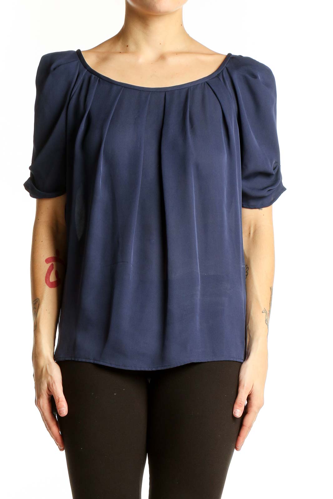 Navy Silk Pleated Short Sleeve Blouse Front
