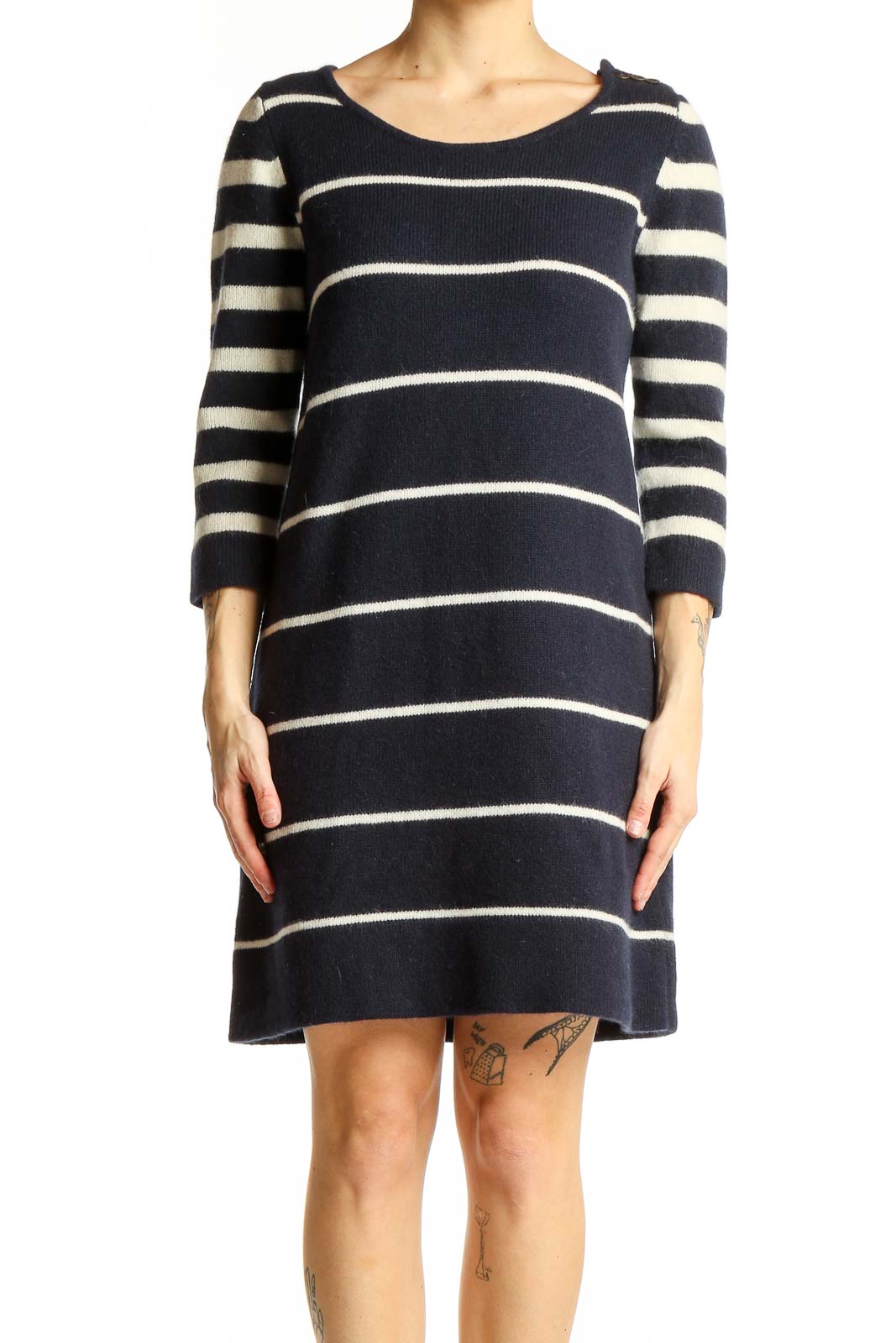 Navy Striped Angora Blend Sweater Dress Front