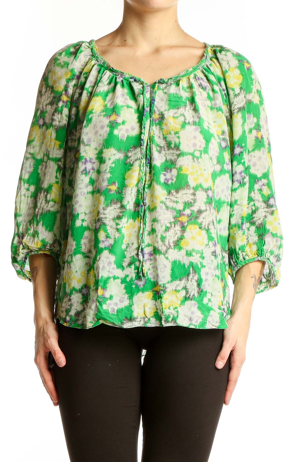 Green Floral Silk Peasant Blouse Front