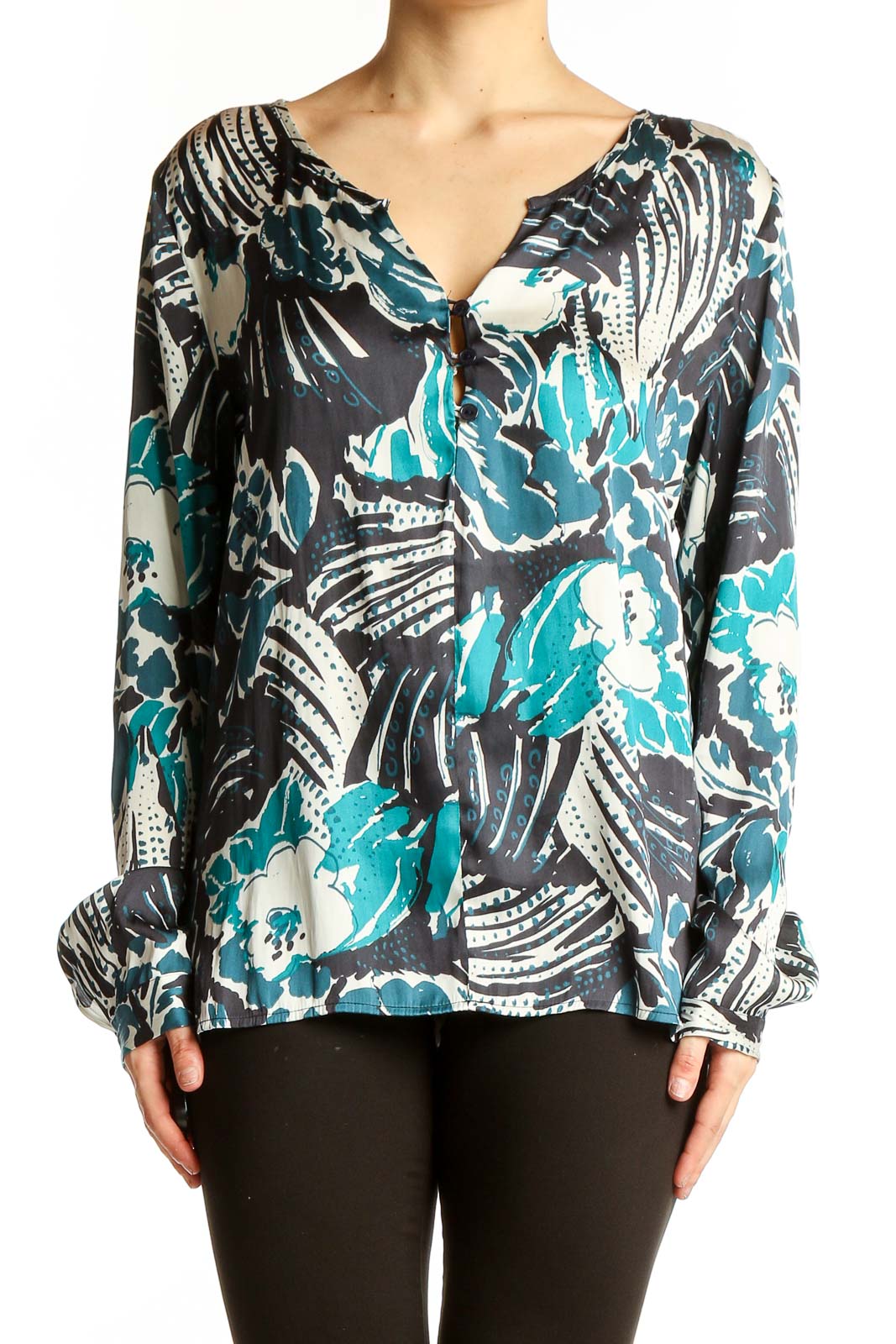 Teal Floral Print Long Sleeve Blouse Front