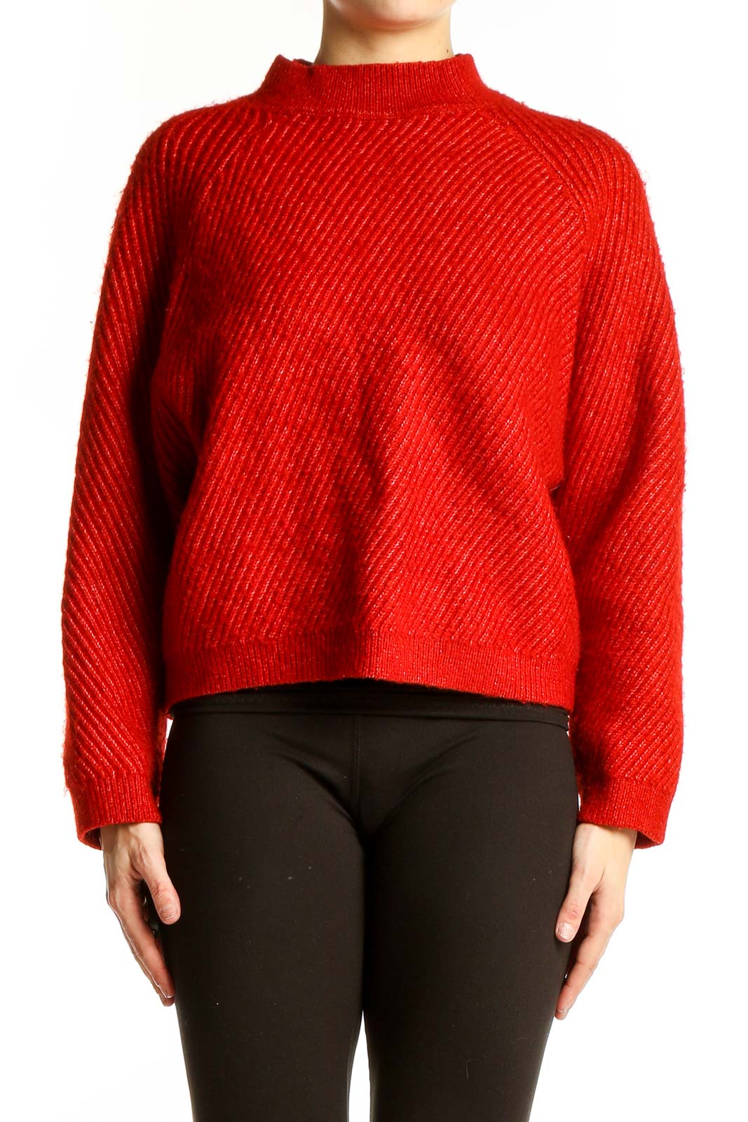 Red Ribbed Mock Neck Sweater Front