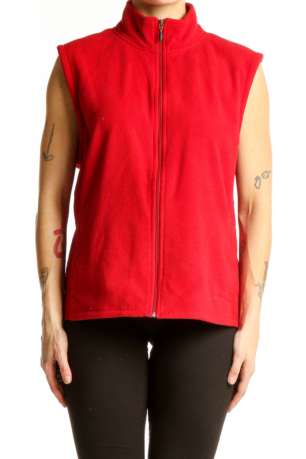 Red Polyester Fleece Zip-Up Vest Front