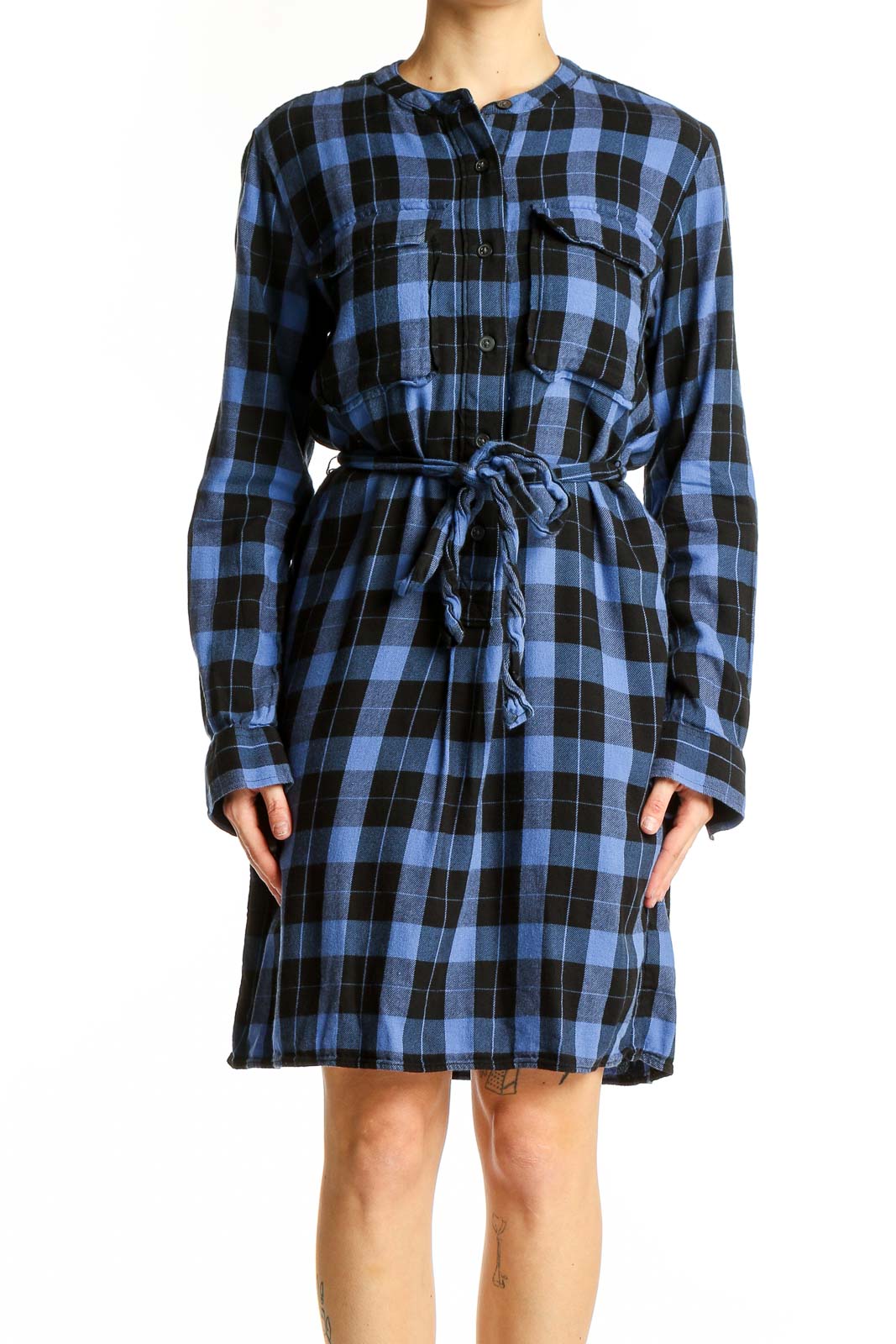 Blue and Black Plaid Cotton Shirt Dress Front