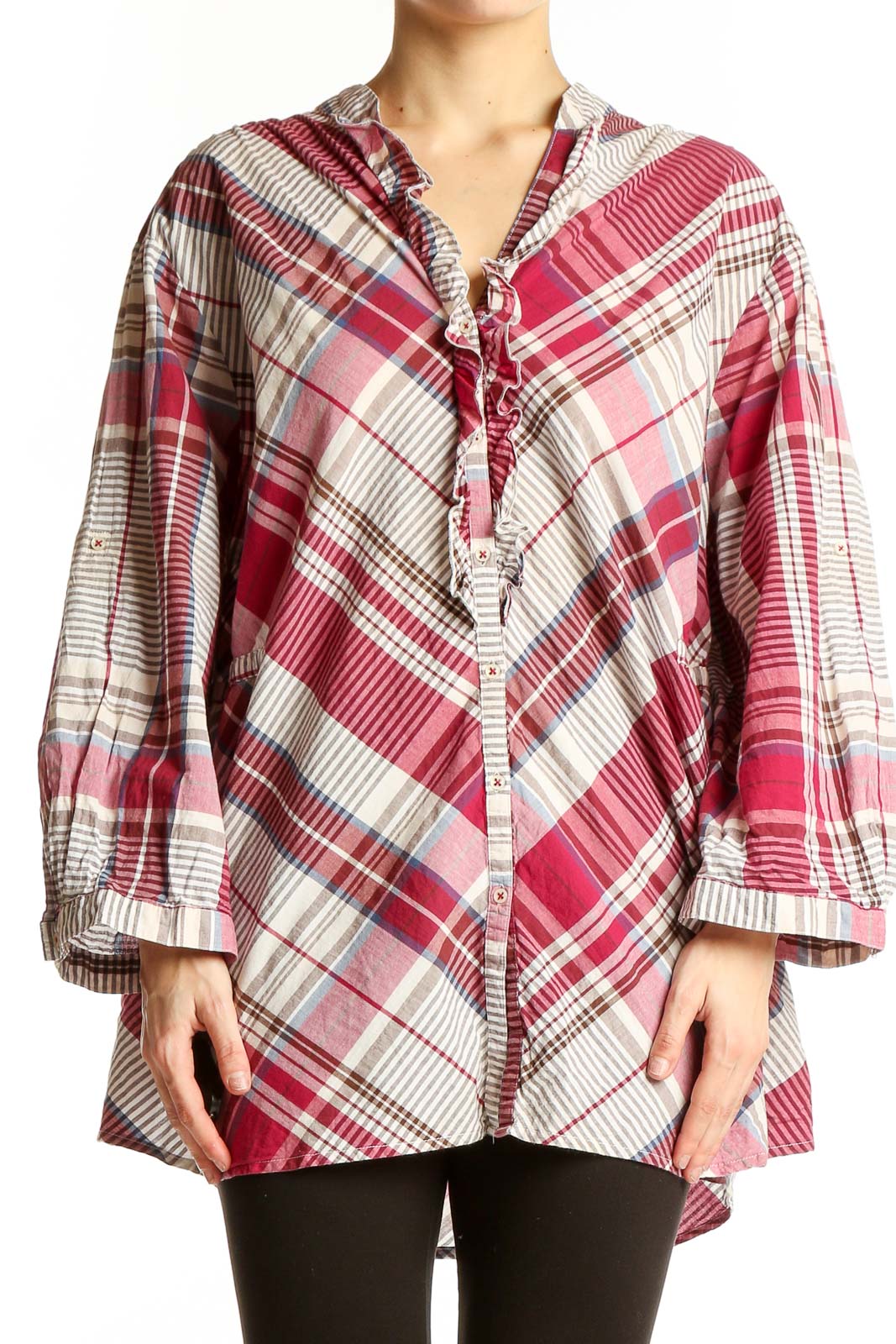 Red Plaid Cotton Button-Up Tunic Front