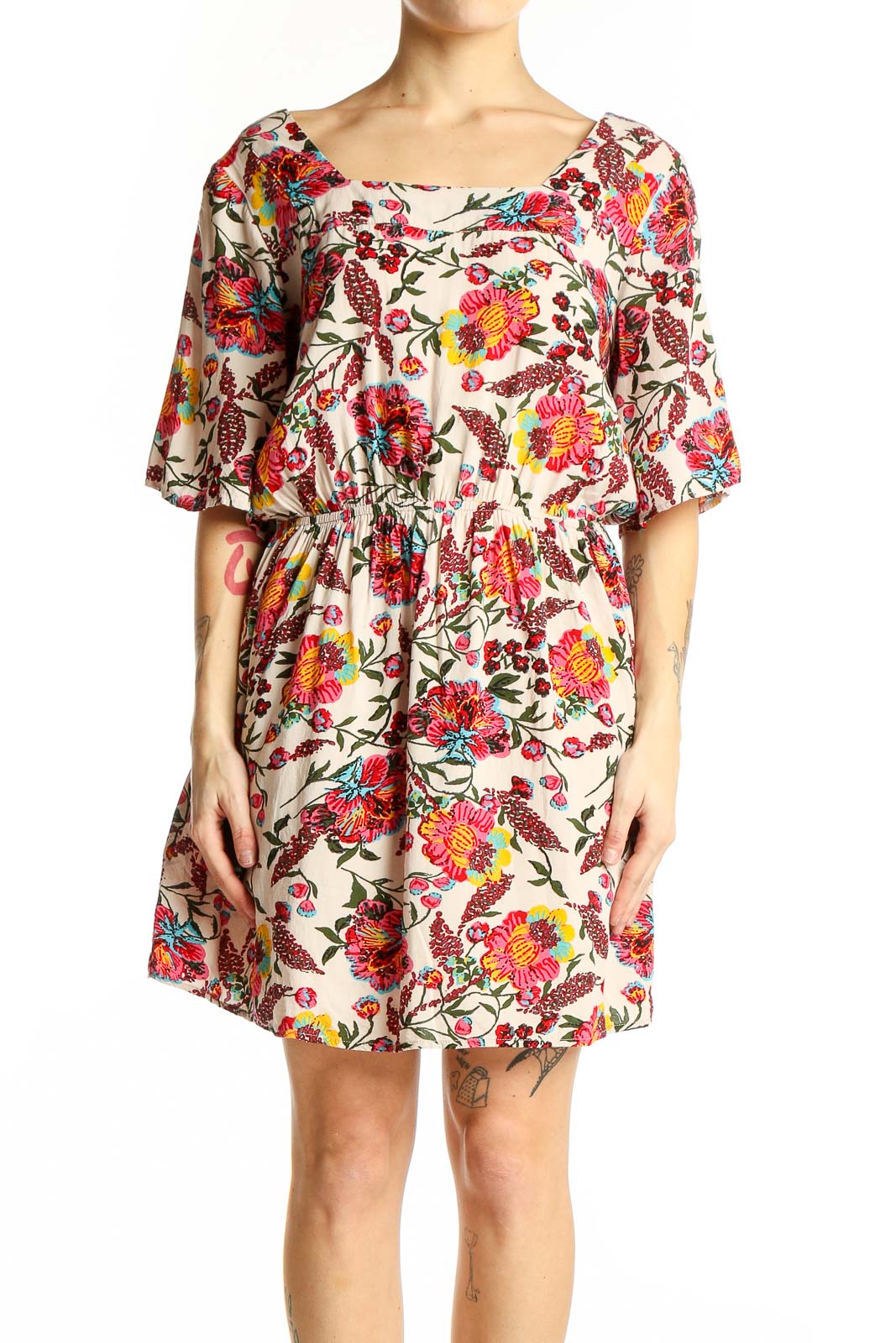 Multicolor Floral Print Empire Waist Dress Front