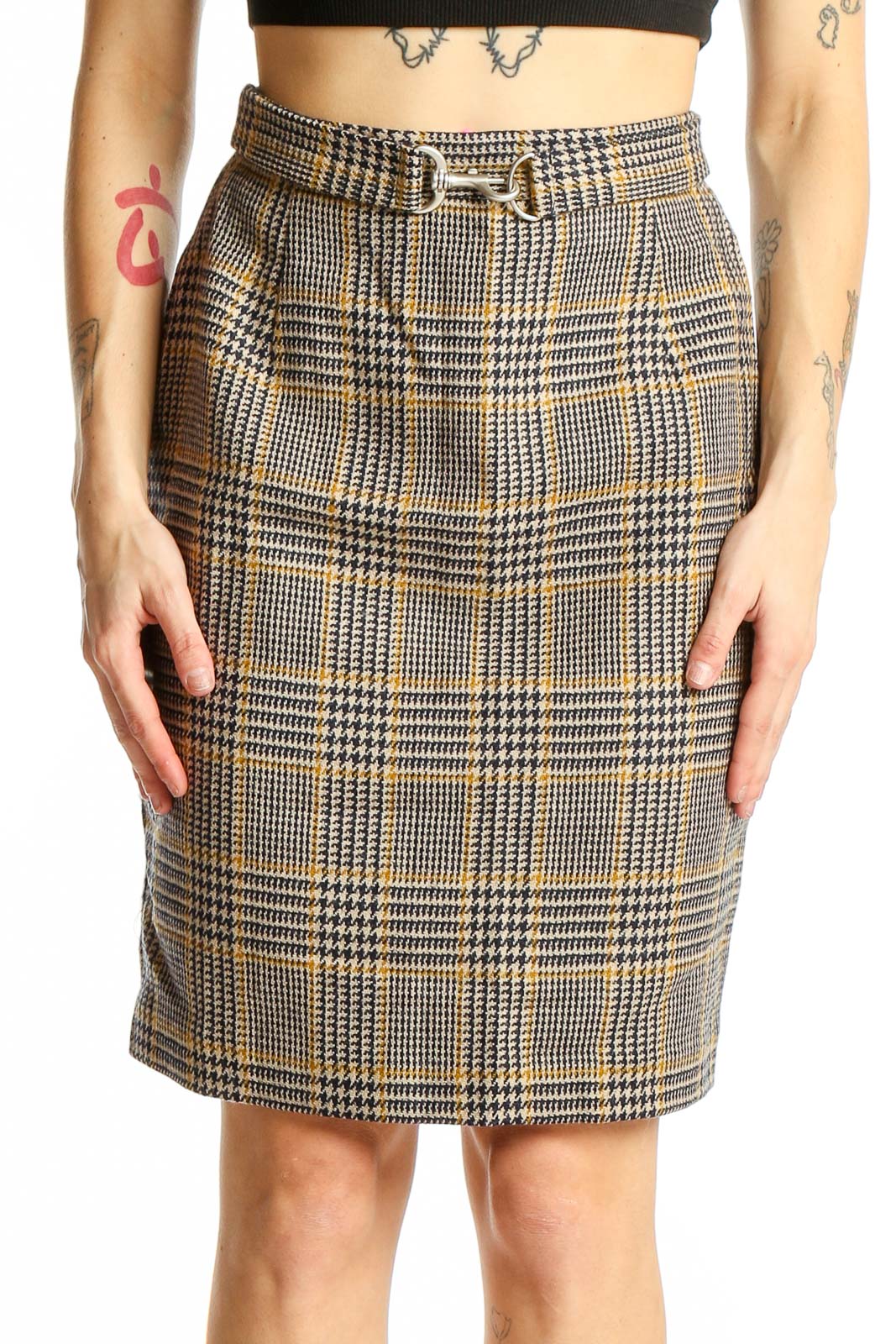 Brown Plaid Wool Pencil Skirt Front
