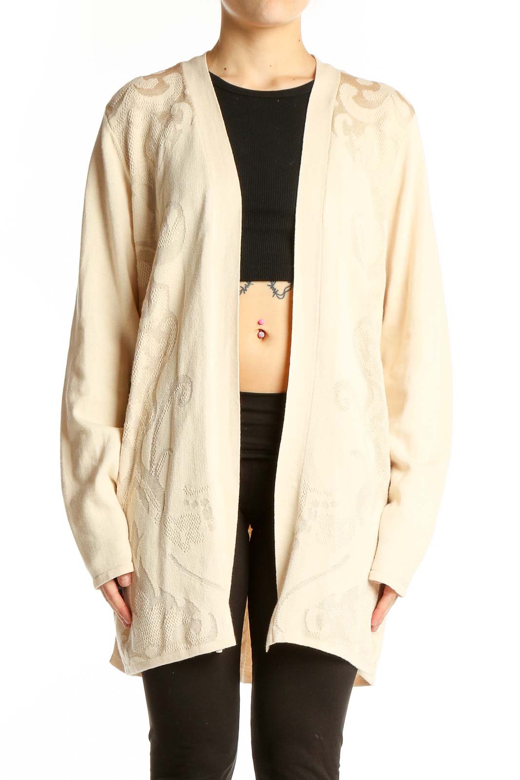 Cream Embroidered Open Front Cardigan Front