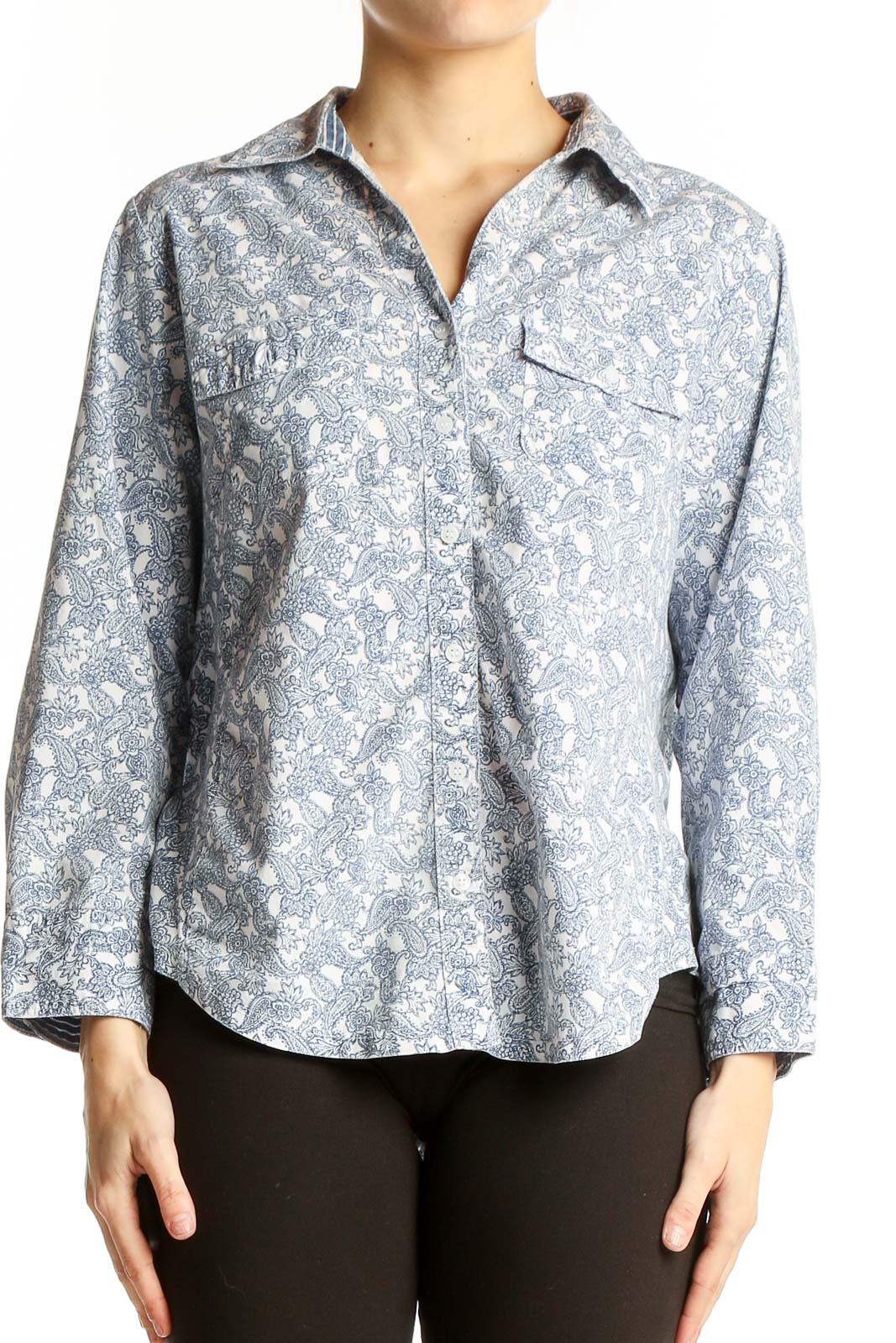 Blue Floral Print Button-Up Shirt Front