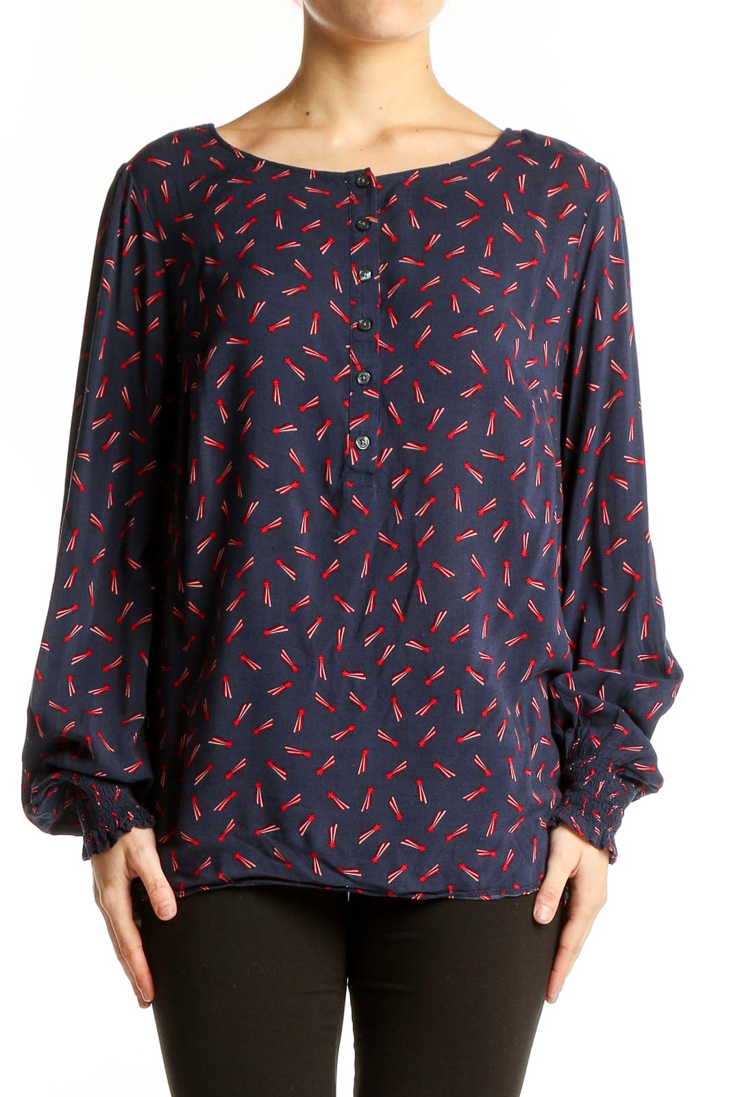 Navy Patterned Viscose Blouse Front