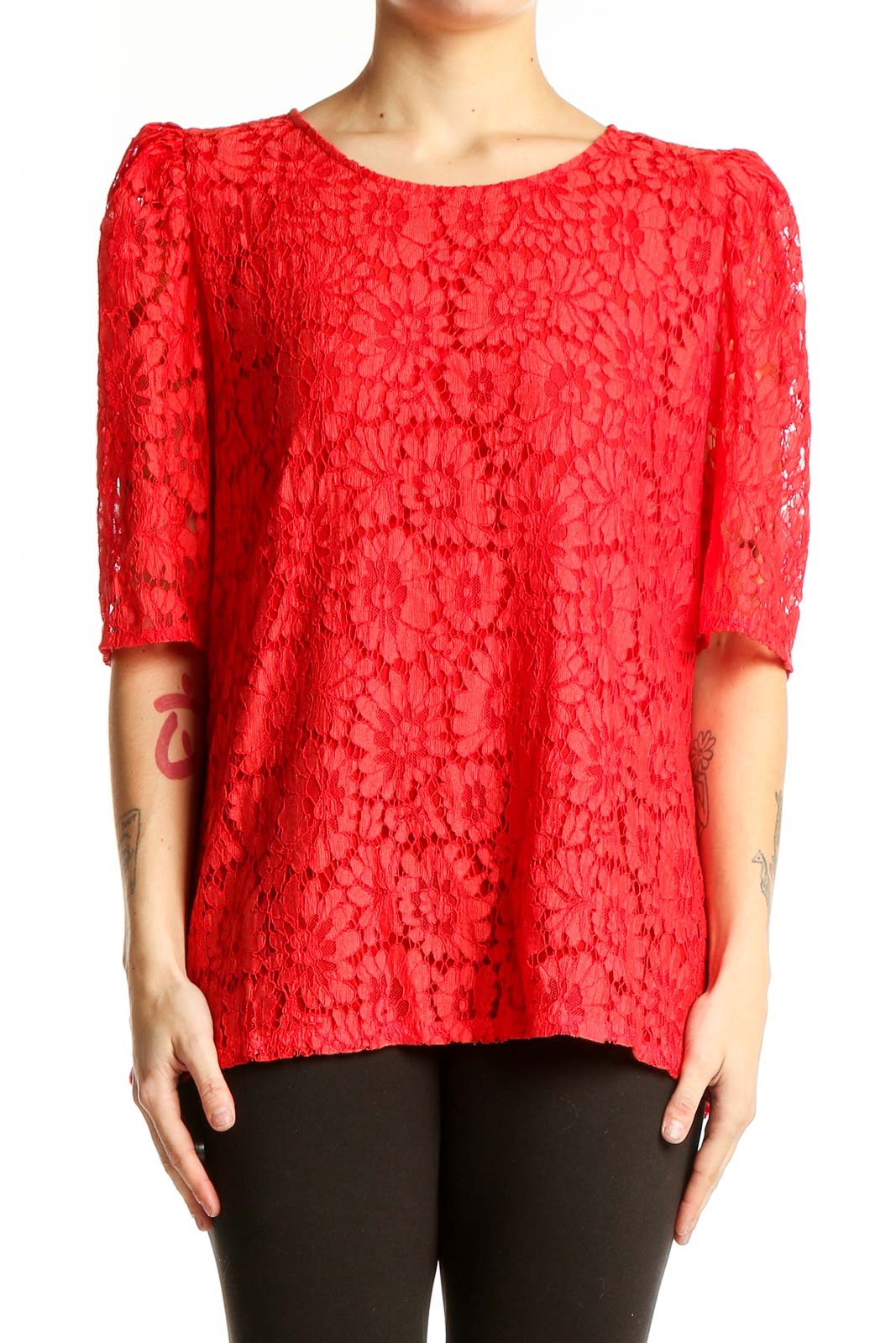 Red Floral Lace Puff Sleeve Top Front