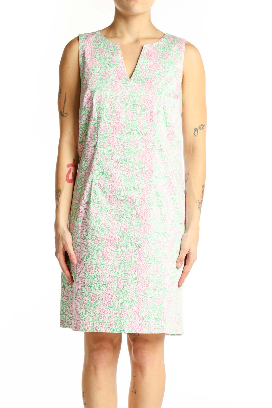 Pink and Green Floral Sleeveless Shift Dress Front