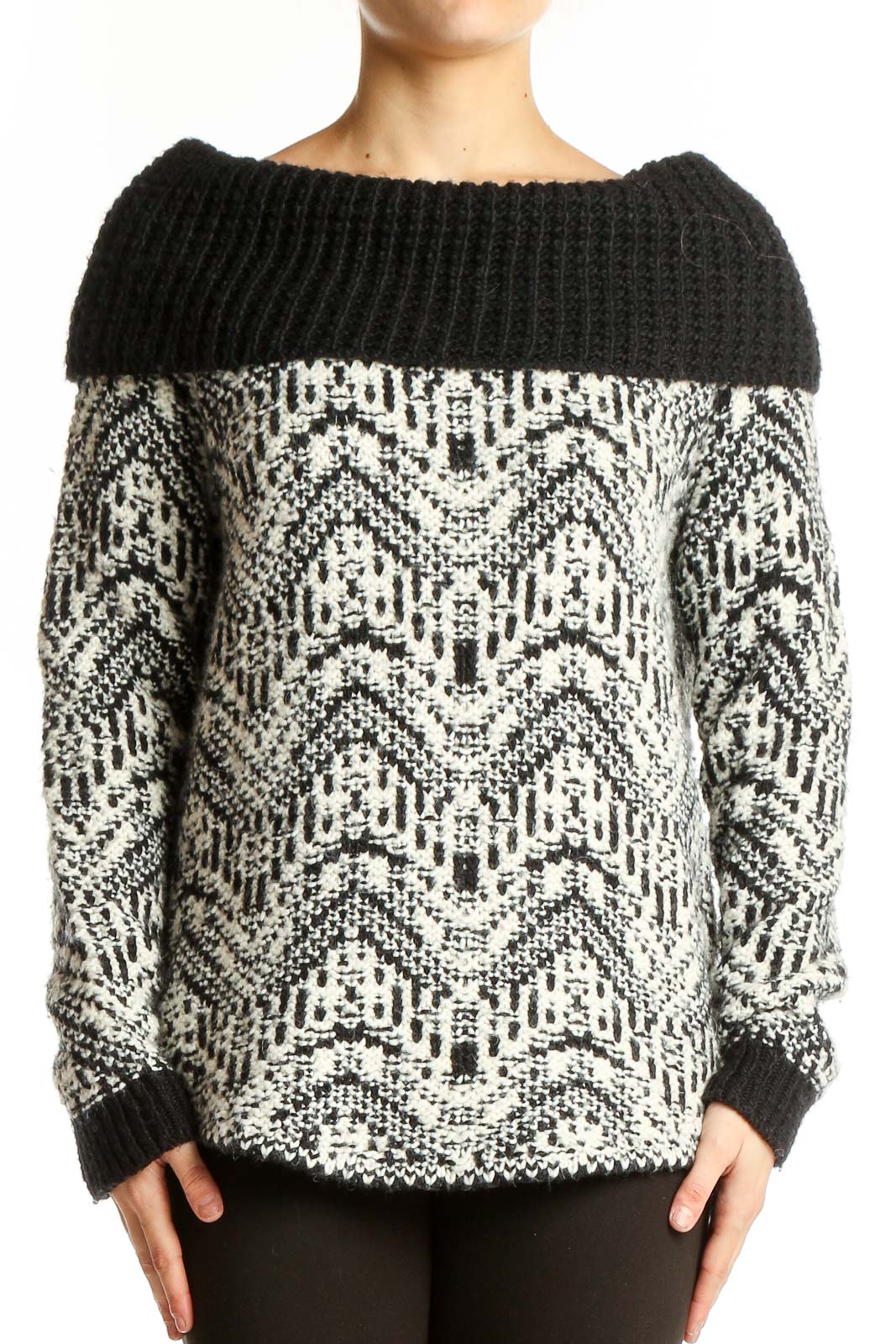 Black and White Patterned Cowl Neck Sweater Front