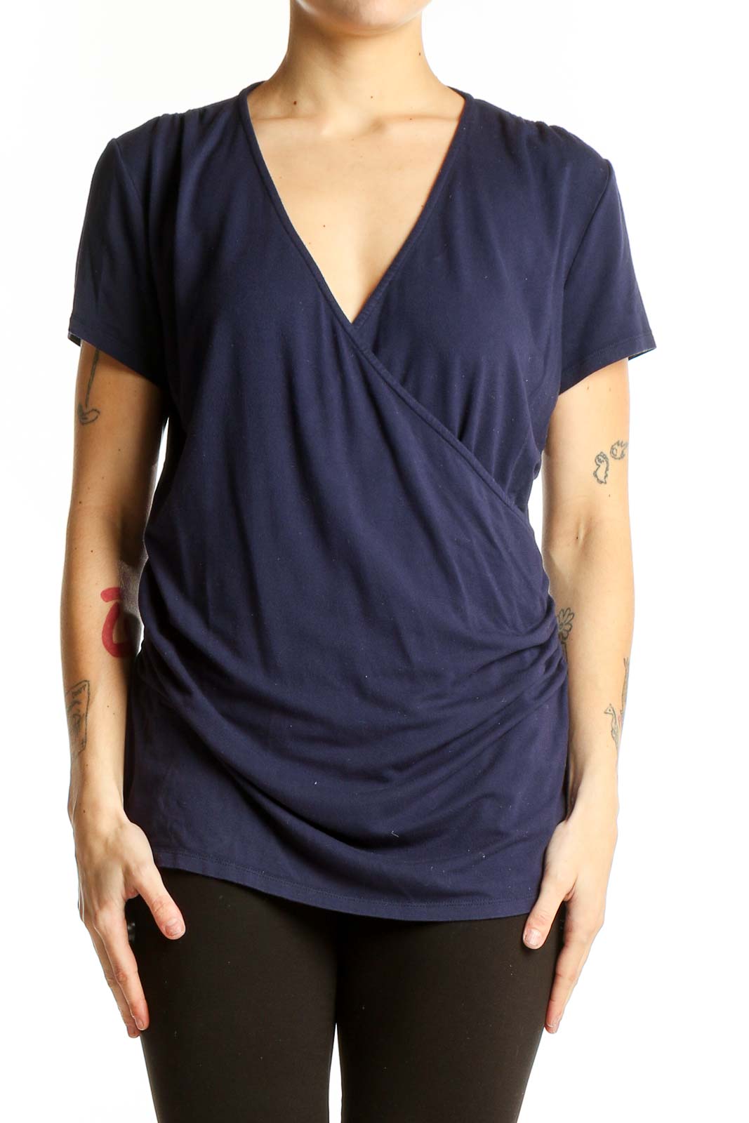 Navy Wrap-Style Short Sleeve Top Front