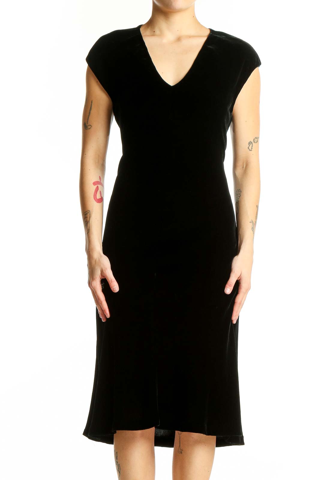 Black Rayon and Silk V-Neck Midi Dress Front
