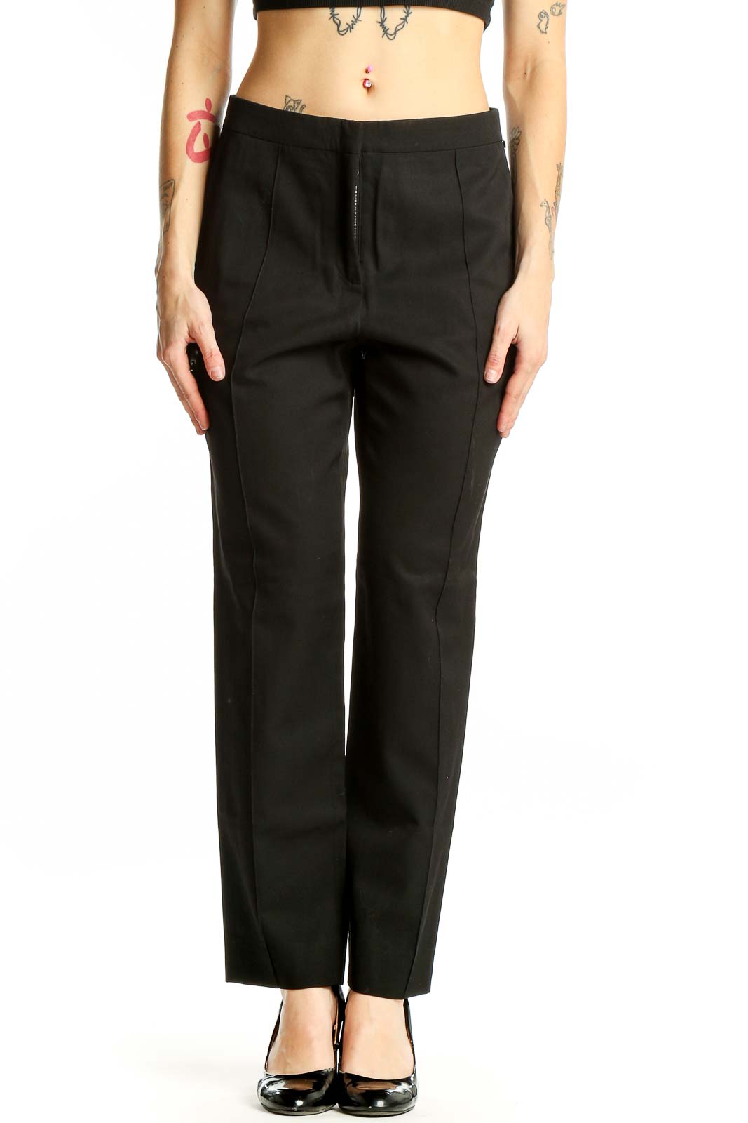 Black Wool Straight-Leg Trousers Front