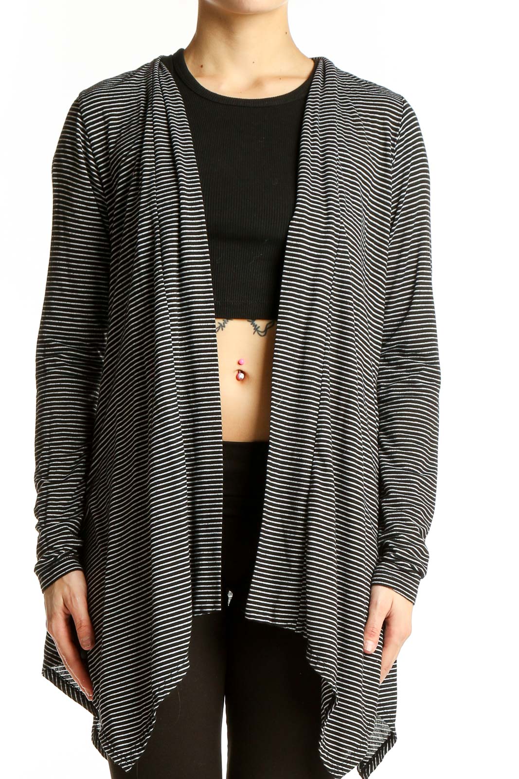 Black Striped Open Front Cardigan Front
