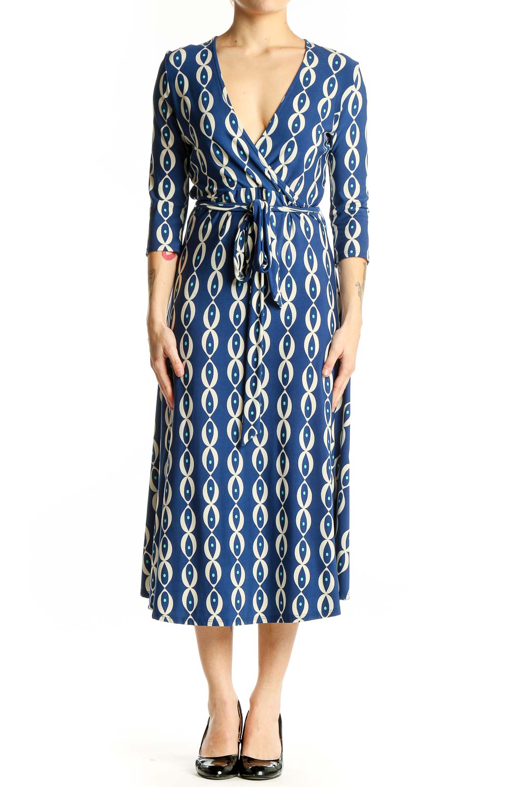 Blue Geometric Print Wrap Midi Dress Front
