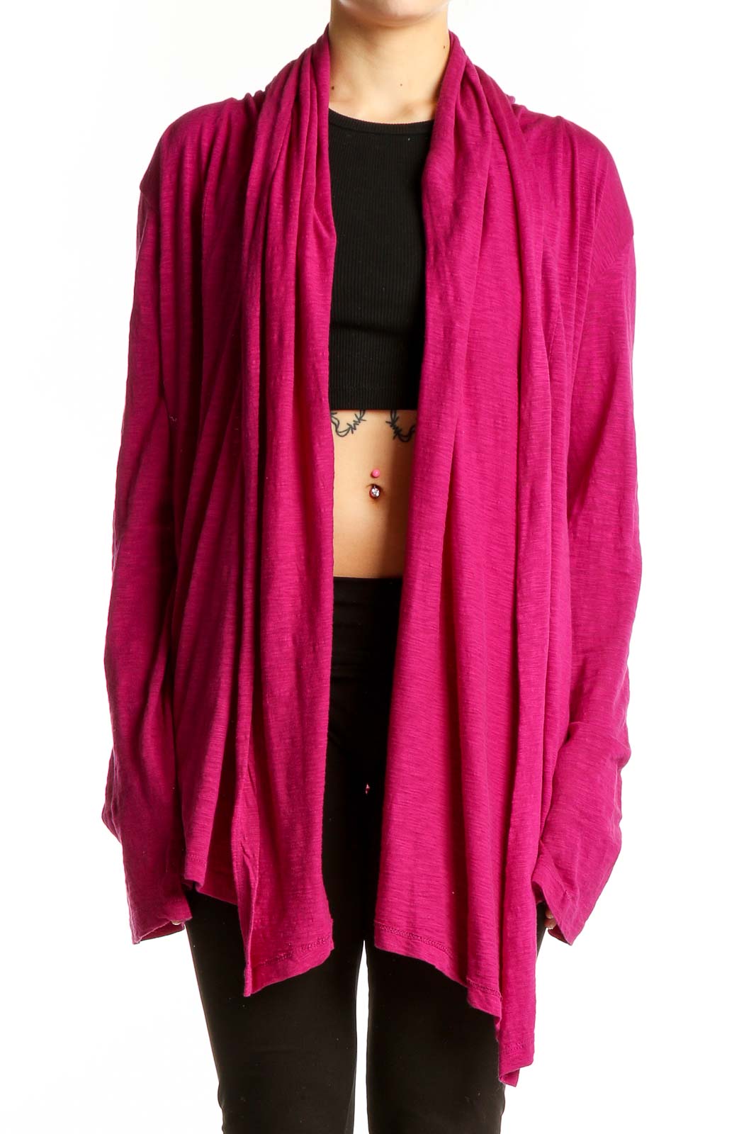 Magenta Draped Open Front Cardigan Front