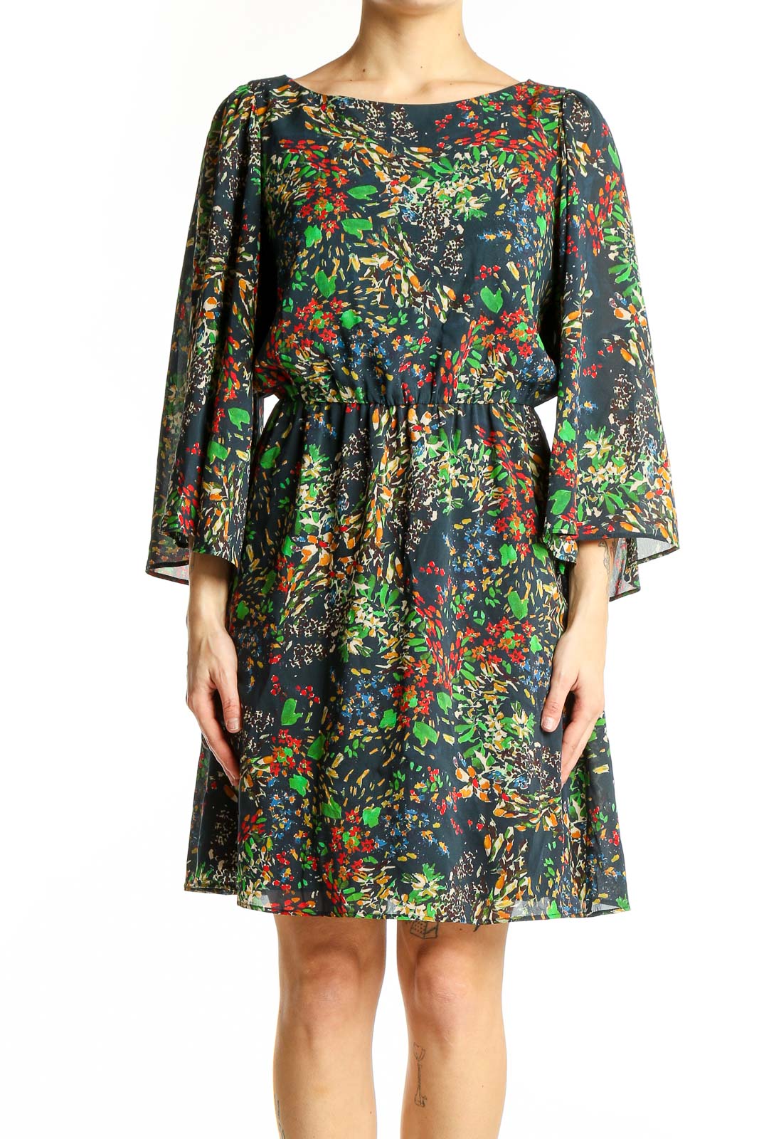 Multicolor Floral Print Silk Dress Front